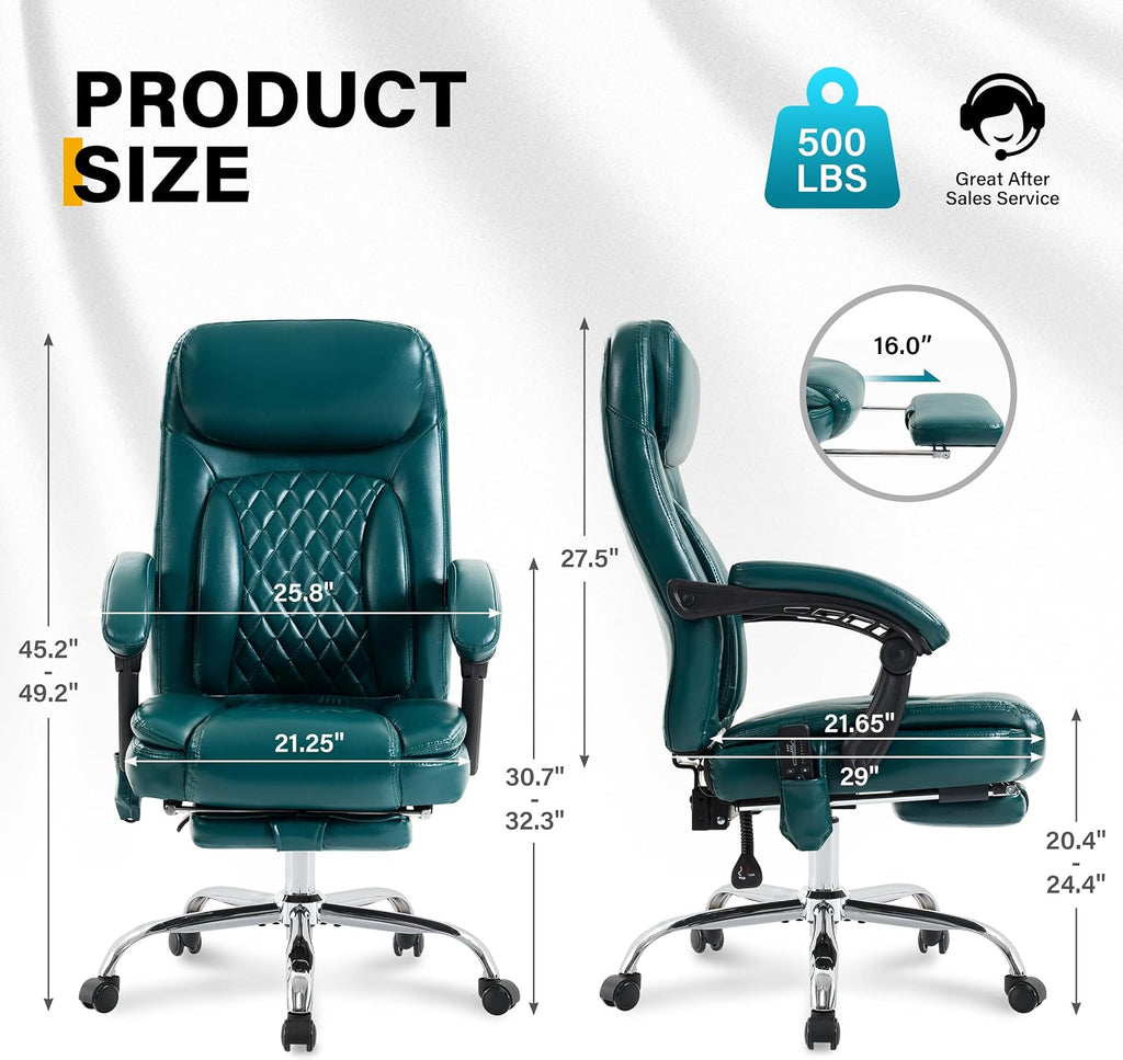6-Point Massage Office Chair with Heated, Ergonomic Office Chair with Footrest & 45°Reclining High Back, Big and Tall Executive Office Chair 500LBS, Thick Cushion Desk Chair for Home Office, Green(PU)