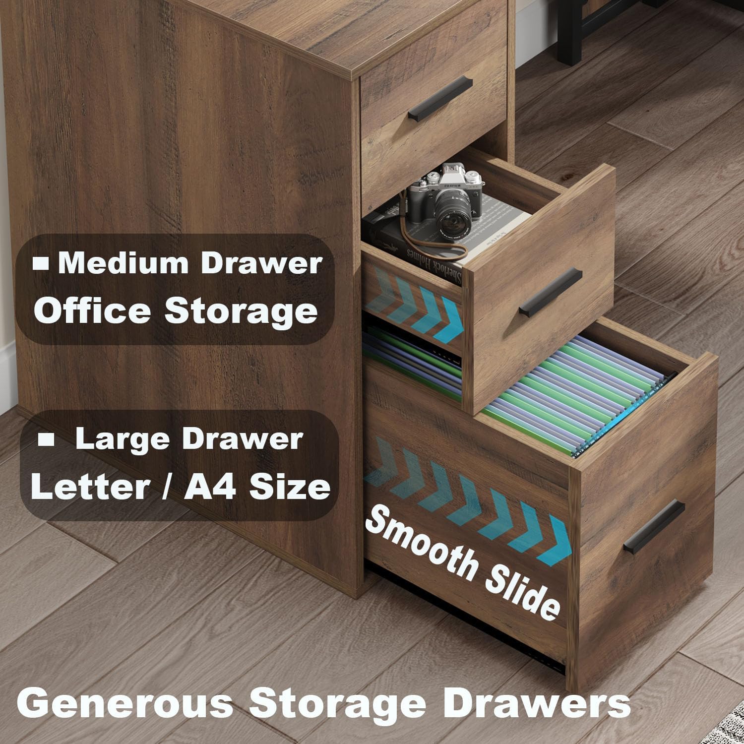 LVB Wood L Shaped Desk, Large Computer Office Desk with File Cabinets, Reversible Executive L Shape Gaming Desk with Drawers, Metal Wooden Corner Desk Table with with Storage Shelf, Rustic Oak 59 Inch