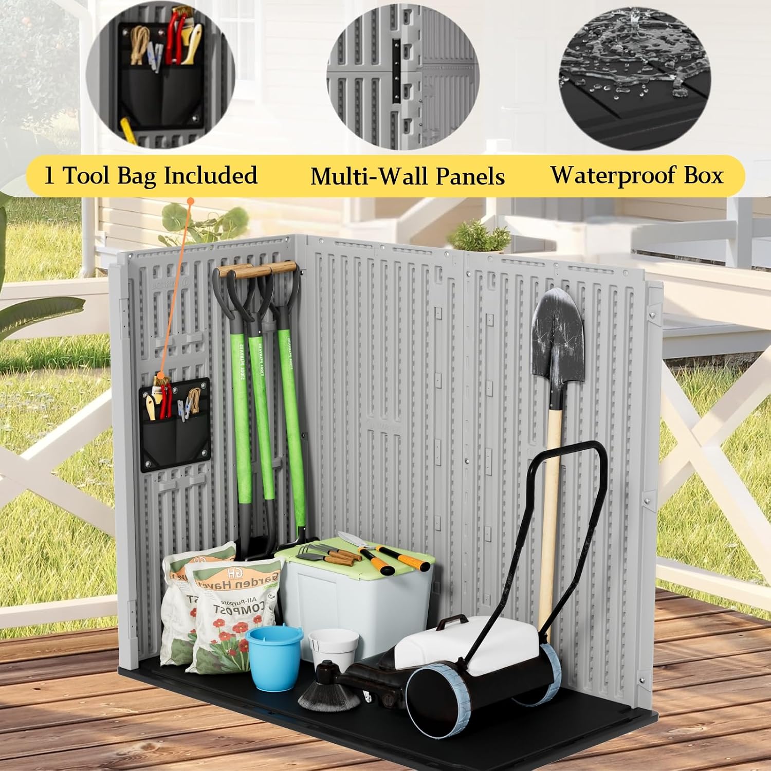 ZZM 37 Cu.ft Outdoor Storage Cabinet with One Tool Kit, Horizontal Storage Shed for Garage, Bike, Garbage Cans, Garden Accessories