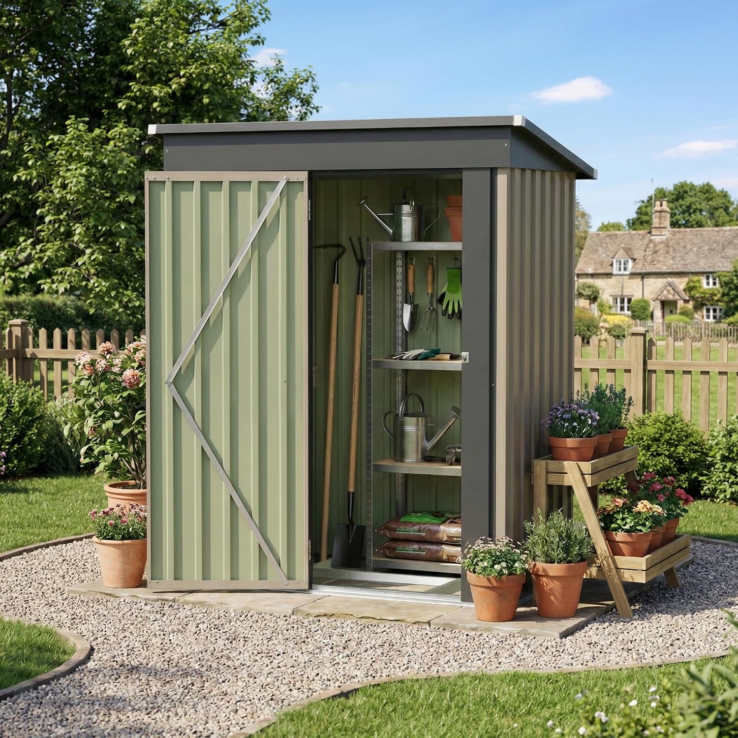 Devoko 5 x 3 FT Storage Sheds with Floor Frame, Waterproof Garden Tool Shed with Lockable Door, Outdoor Metal Small Shed for Backyard Patio Lawn, Brown