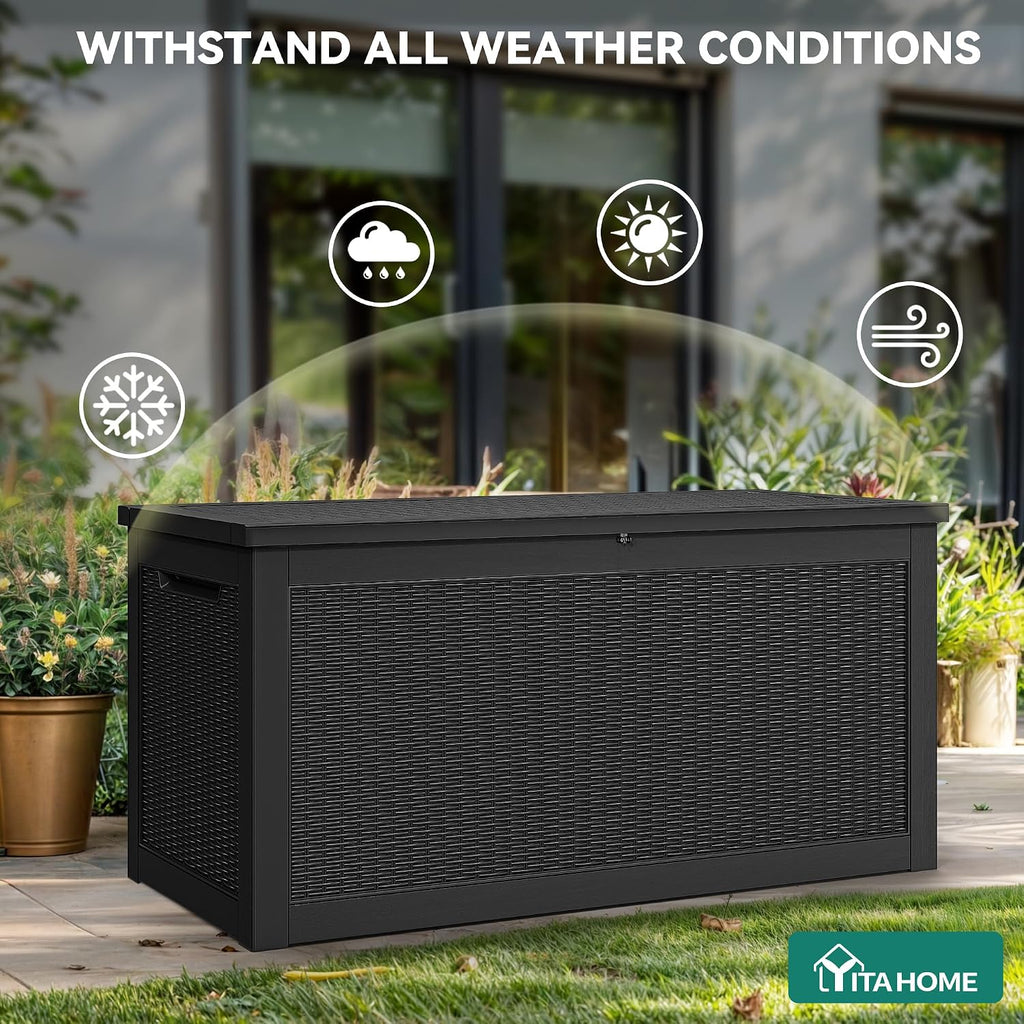 YITAHOME XXL 320 Gal Large Deck Box, Outdoor Resin Storage Box, Rattan Storage Container for Patio Furniture, Garden Tools, Waterproof, Lockable (Black)
