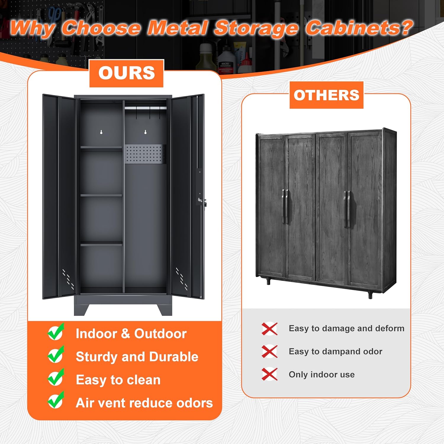 Storage Cabinet 61' H, Metal Tools Storage Cabinet with Lockable Doors and Shelves, Outdoor Storage Sheds with Removable Pegboard for Garage, Utility Room, Office