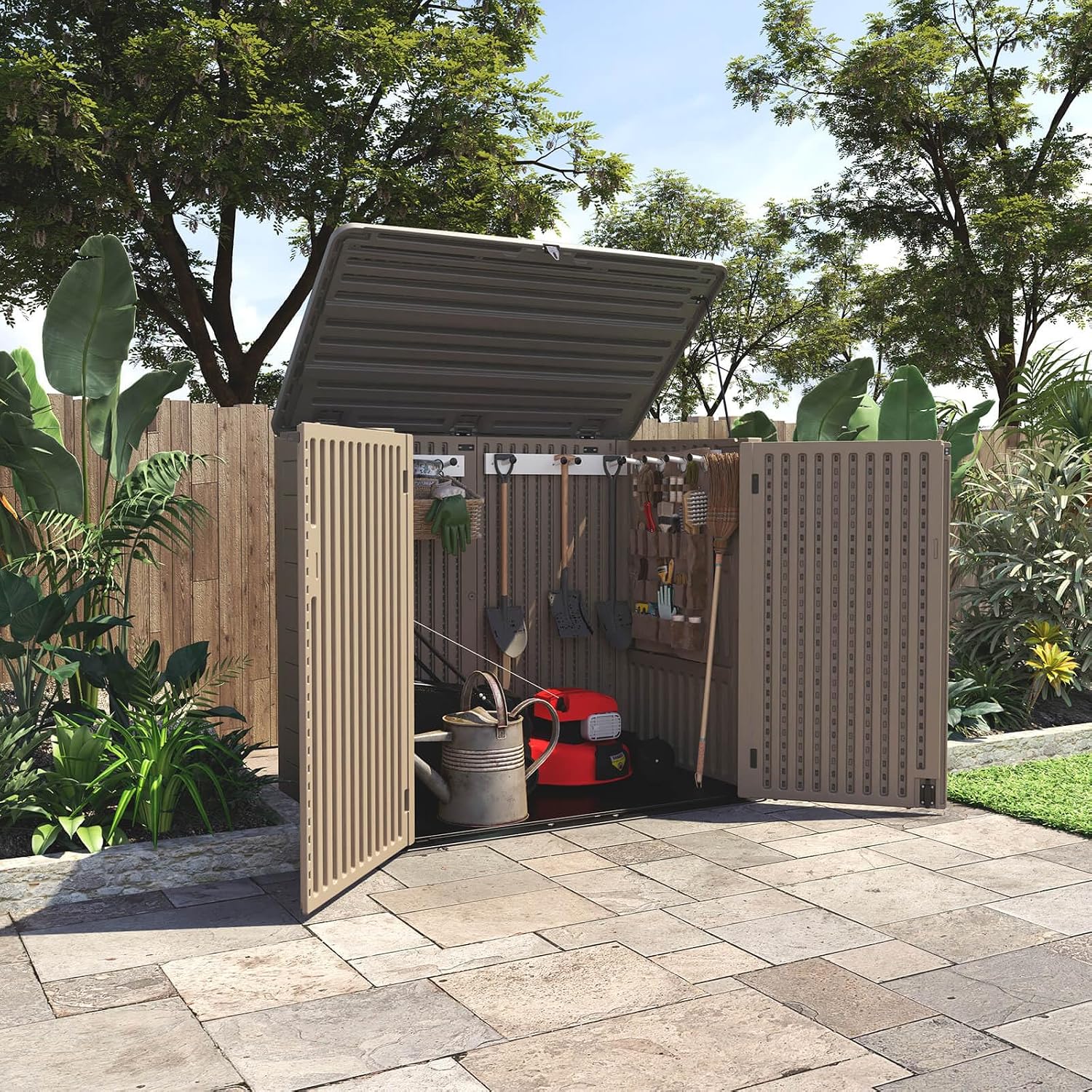 HOMSPARK Storage Shed Weather Resistance, Multi-Purpose Outdoor Storage Cabinet Waterproof, Outdoor Storage Cabinet for Bike, Garbage Cans, Lawnmower, Garden Accessories (coffee, Extra Large-48 cu ft)