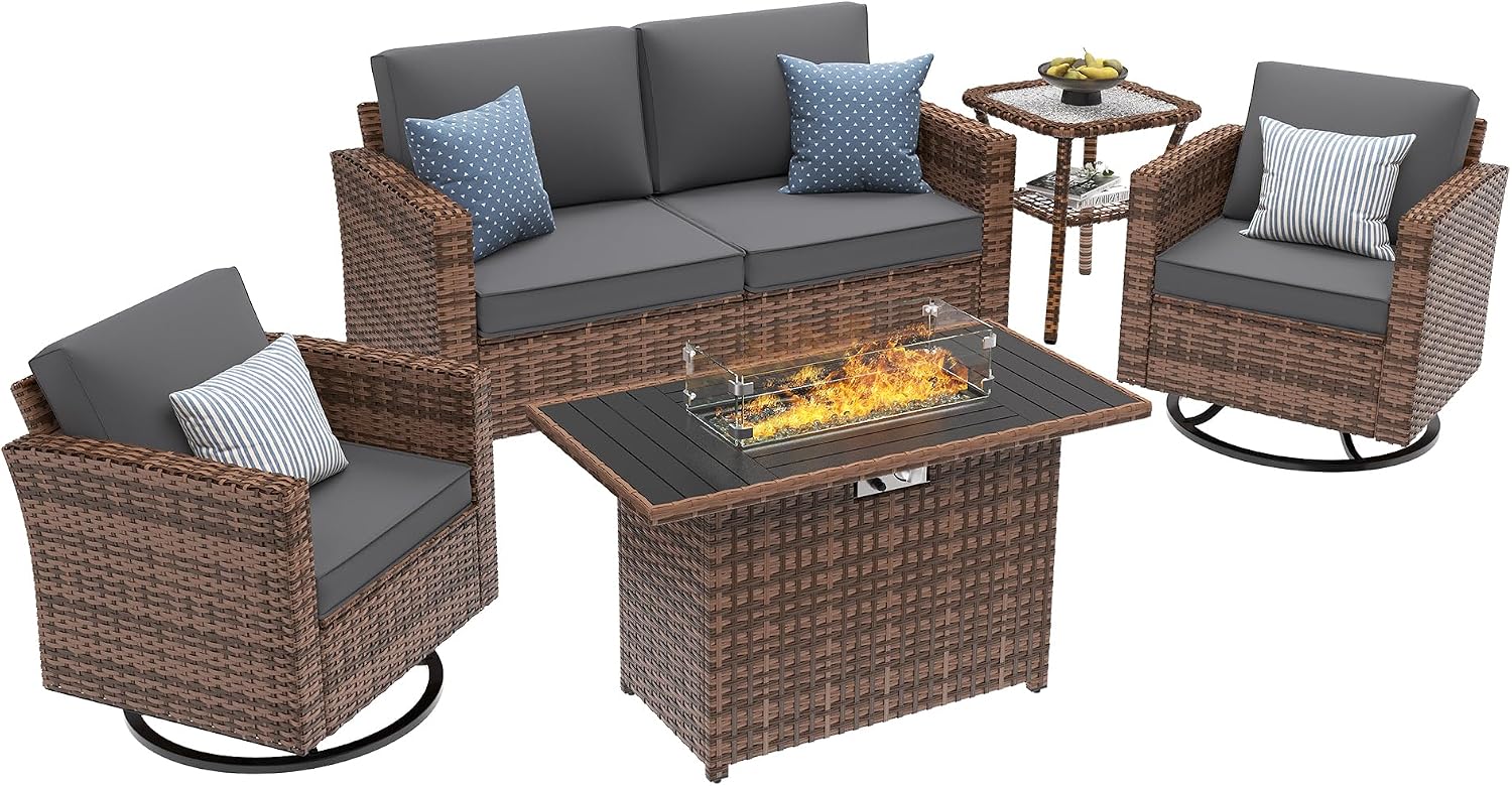 UDPATIO 5 Pieces Patio Furniture Set with Fire Pit Table, Outdoor Furniture Set with Rocking Swivel Chairs, Wicker Patio Set with Waterproof Cover, 4'' Thickened Cushion, Grey