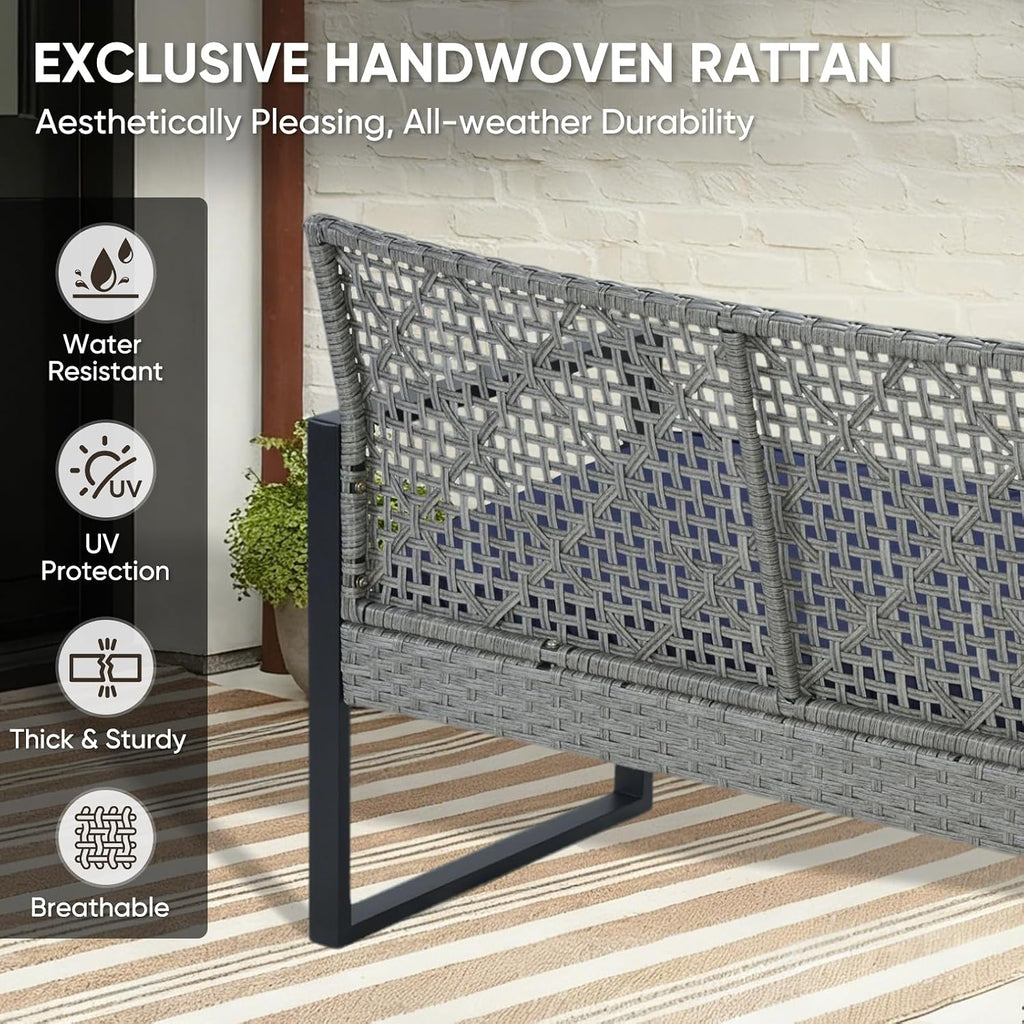 COOS BAY Haven Lounge 4 Piece Rattan Patio Furniture Set, Outdoor Wicker Patio Conversation Set for Balcony & Backyard, Light Gray/Blue