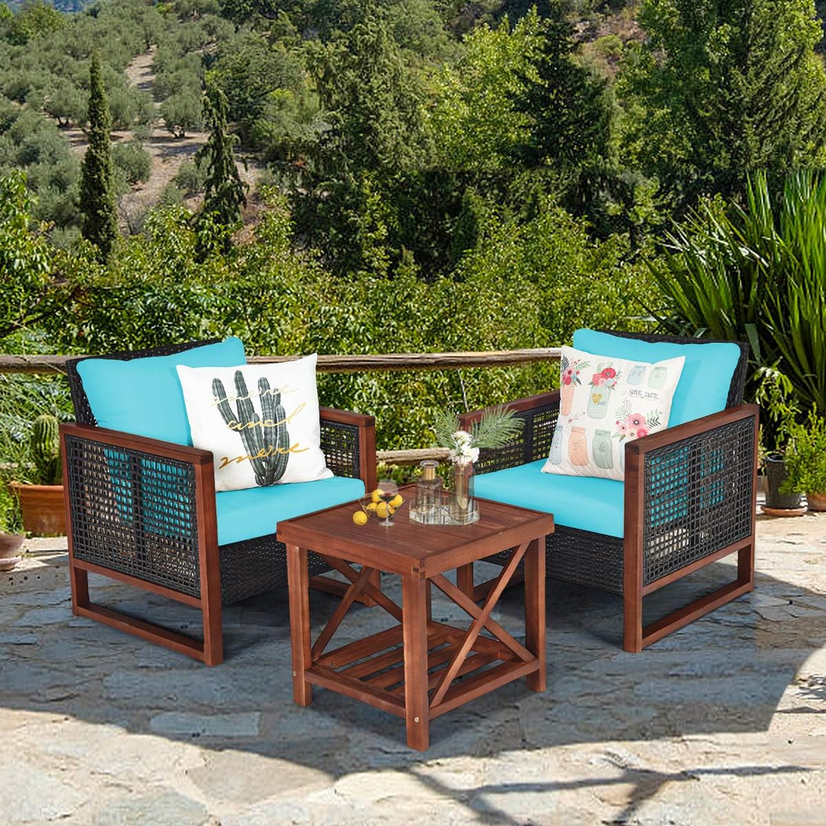 HAPPYGRILL 3 Pieces Outdoor Patio Furniture Set Wicker Chairs with Coffee Table, Balcony Porch Furniture Bistro Set with Acacia Wood Frame and Washable Cushions for Garden Poolside Backyard