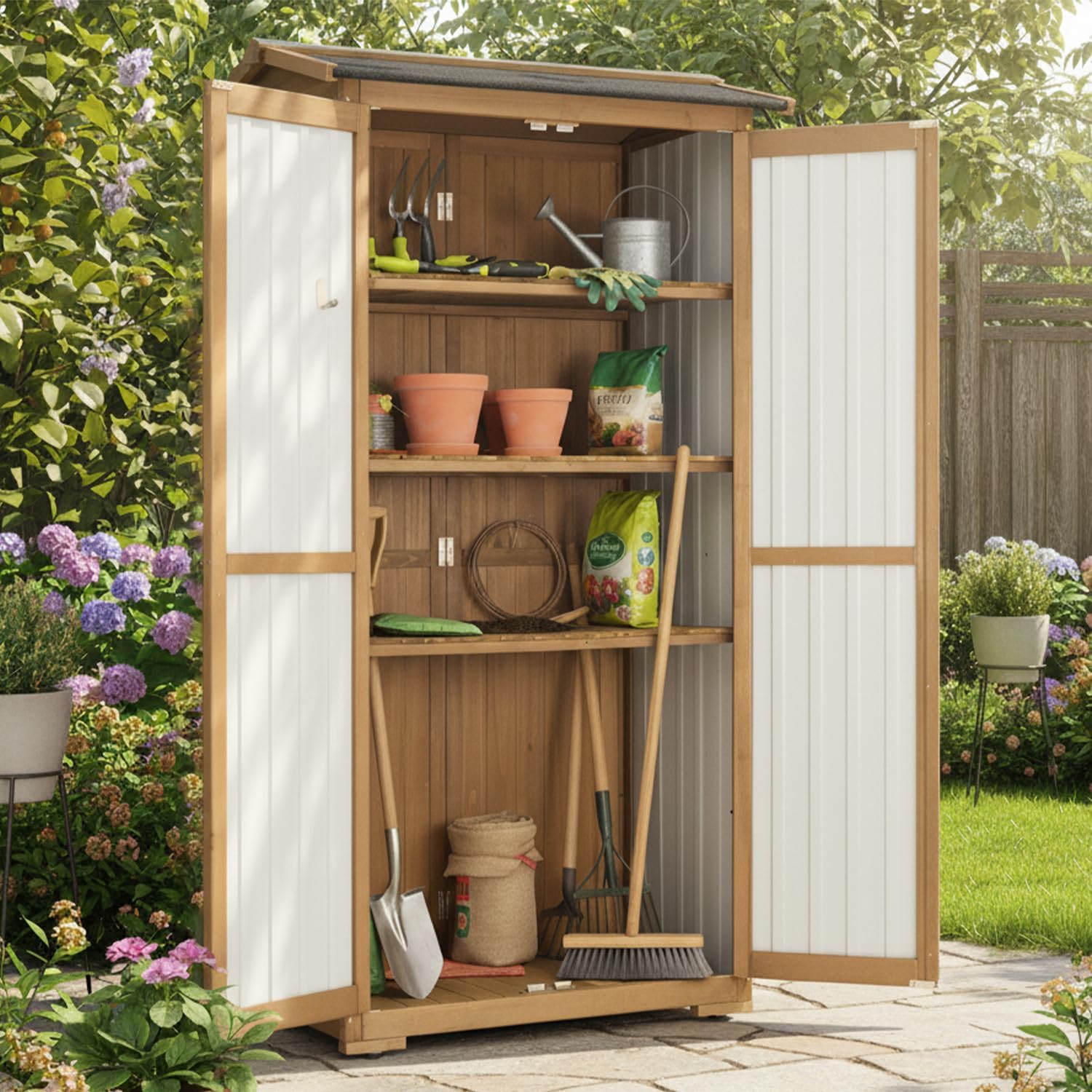 Storage Cabinet Outdoor Garage Cabinets with 3 Adjustable Shelves, Lockable Door, Wood & Metal Weather-Resistant Pantry Cabinet for Patio Garden Home Farm (33.3' Lx 21' Wx 69' H)