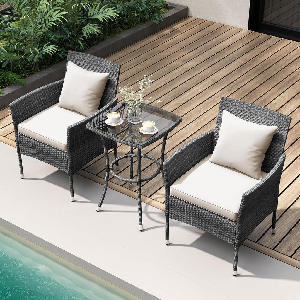 RELAX4LIFE 3-Piece Patio Furniture Set - Rattan Wicker Outdoor Furniture w/Cushions & Tempered Glass Coffee Table, Small Conversation Bistro Table and Chairs Set of 2 for Garden Porch Balcony (Beige)