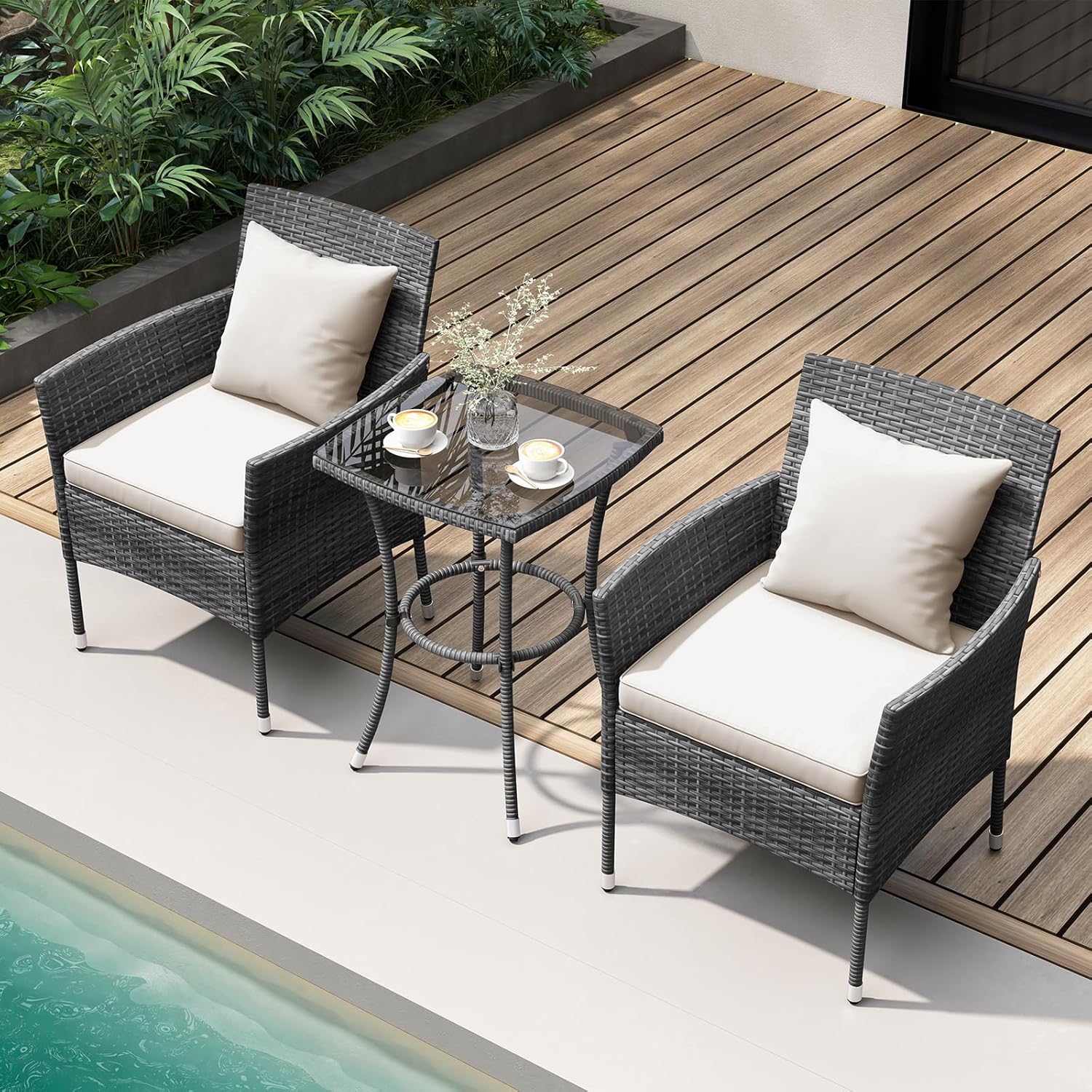 RELAX4LIFE 3-Piece Patio Furniture Set - Rattan Wicker Outdoor Furniture w/Cushions & Tempered Glass Coffee Table, Small Conversation Bistro Table and Chairs Set of 2 for Garden Porch Balcony (Beige)