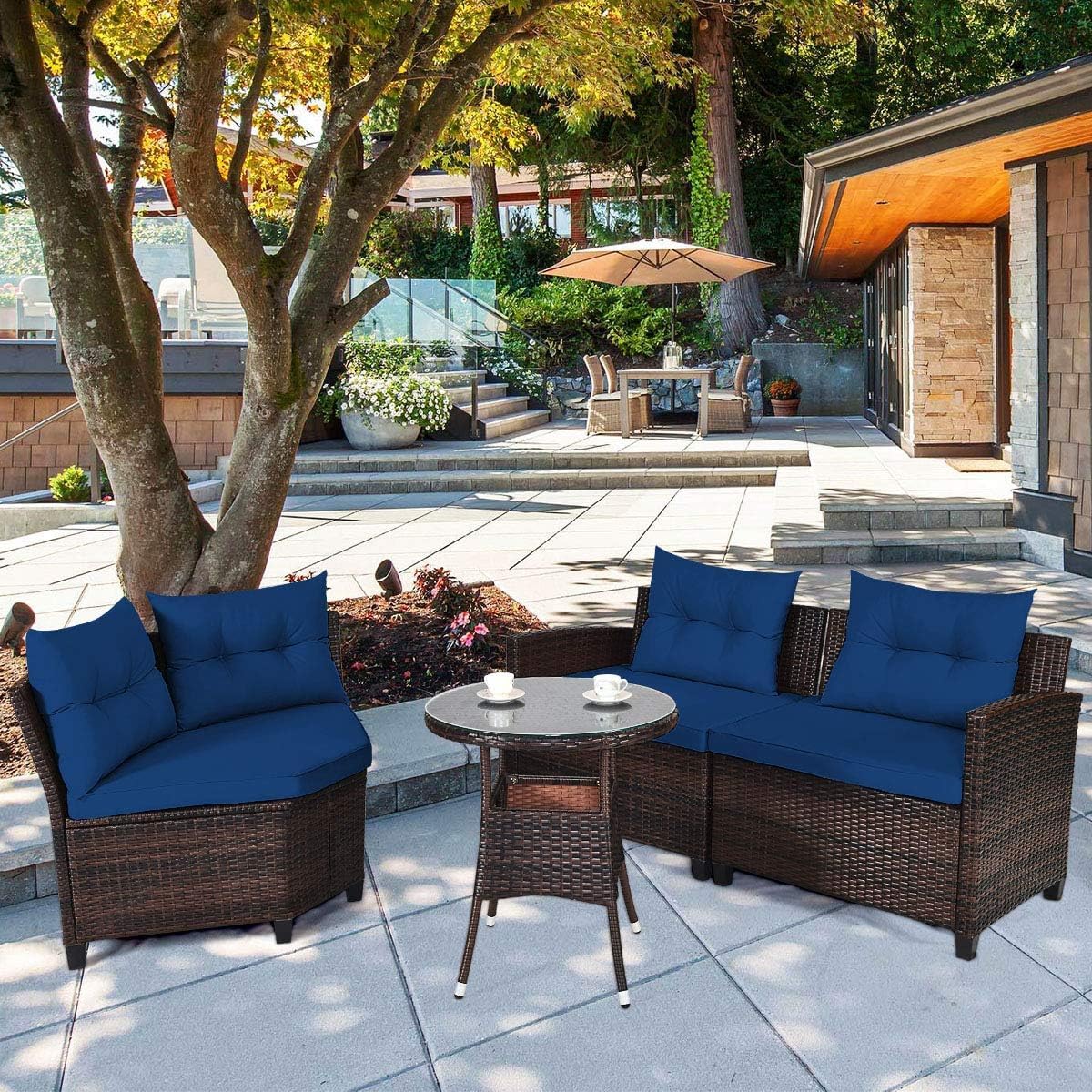 HAPPYGRILL 4 Pieces Rattan Patio Conversation Set, Outdoor Wicker Furniture Set with Cushioned Sofas and Coffee Table, L-Shape Sectional Curved Sofa Set for Garden Poolside Balcony