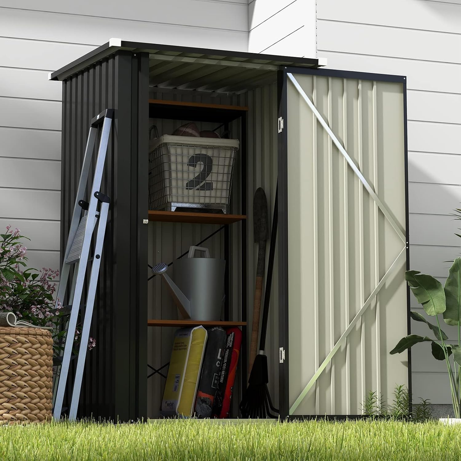 Patiolife 3 x 3 FT Metal Storage Shed, Small Patio Tool Shed with Sloping Roof & Lockable Door, Outdoor Garden Steel Shed for Backyard, Lawn, Easy-Assembly Black