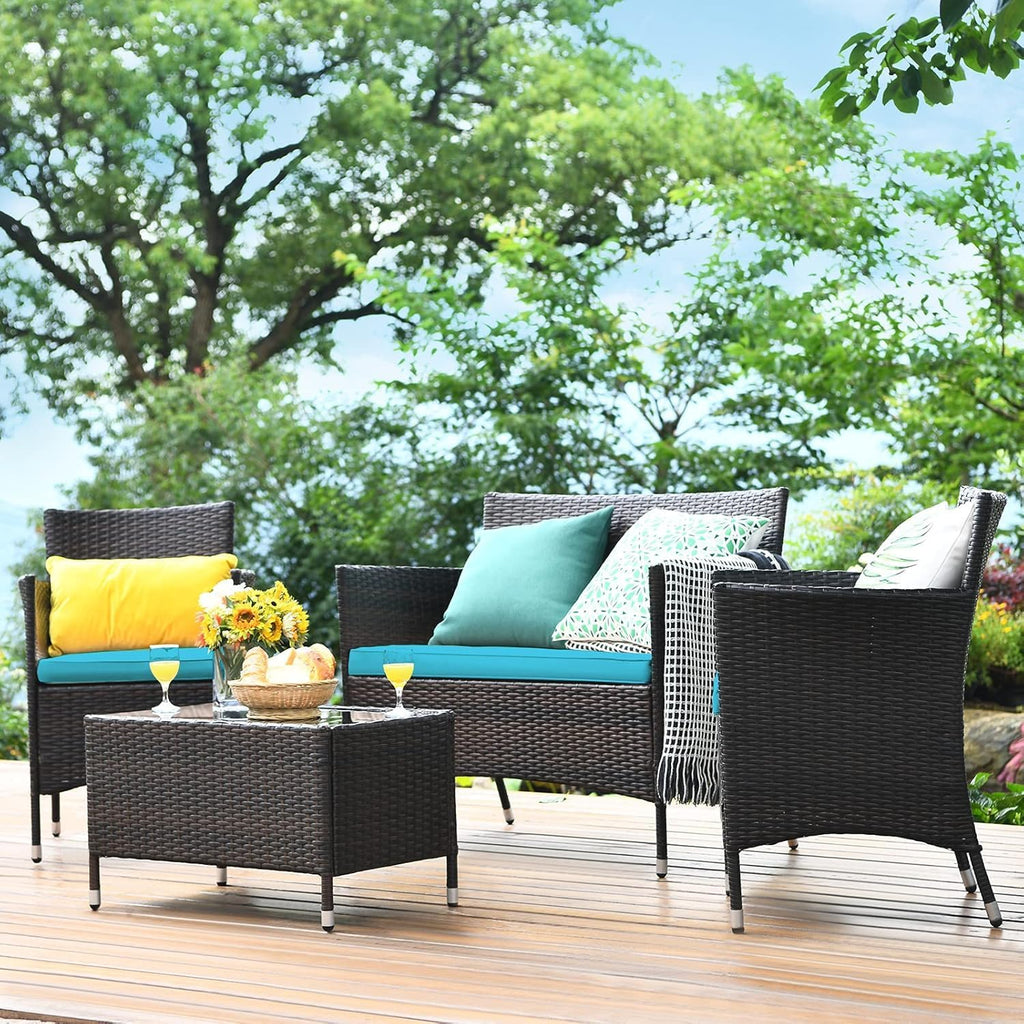 COSTWAY 8PCS Rattan Patio Furniture Set, Outdoor Wicker Rattan Chairs with Coffee Table, Rattan Cushioned Conversation Set for Backyard Balcony Porch Poolside, Turquoise
