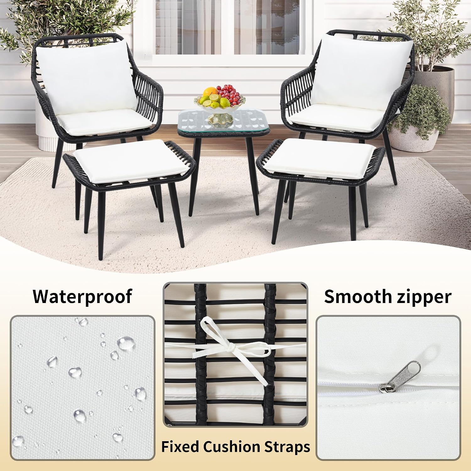 KROFEM 5 Piece Wicker Bistro Patio Conversation Furniture Set, Includes 2 Chairs, 2 Ottomans, and Side Table, Ideal for Porch, Balcony, Deck, Backyard, Black