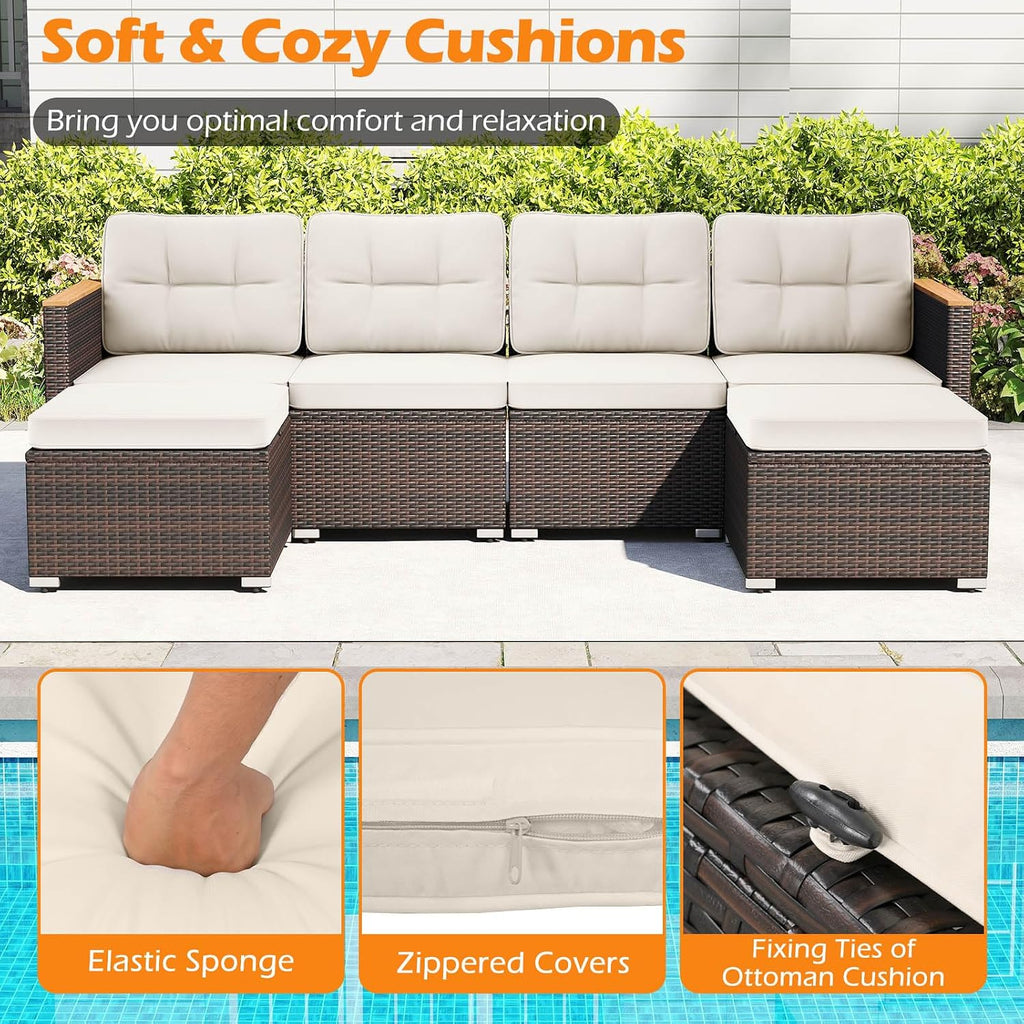 Tangkula 7 Pieces U Shape Outdoor Furniture Set, Patio Rattan Cushioned Chairs & Coffee Table Set, Outdoor Sectional Conversation Sofa with Wood Armrests & Tabletop for Backyard, Porch, Balcony