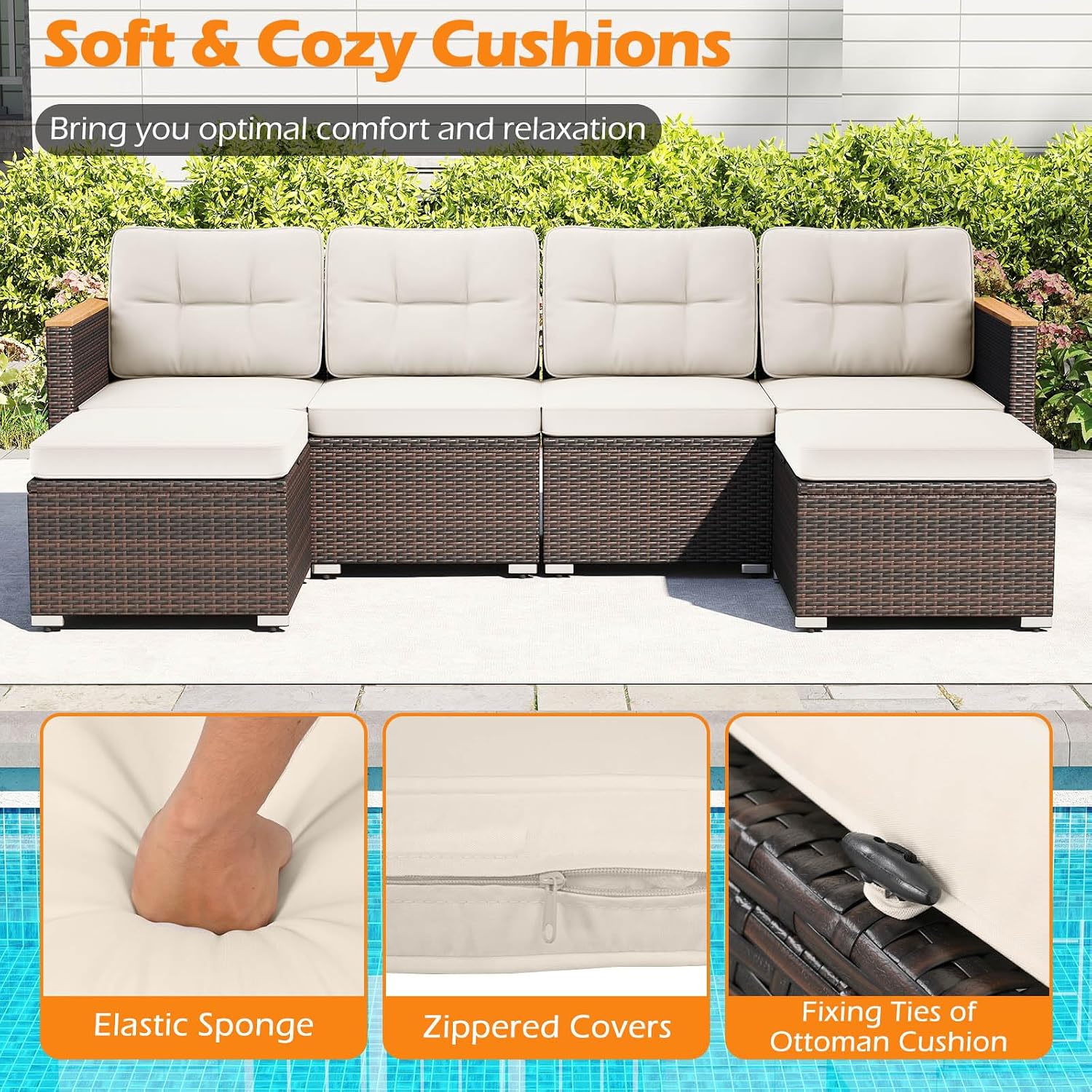 Tangkula 7 Pieces U Shape Outdoor Furniture Set, Patio Rattan Cushioned Chairs & Coffee Table Set, Outdoor Sectional Conversation Sofa with Wood Armrests & Tabletop for Backyard, Porch, Balcony