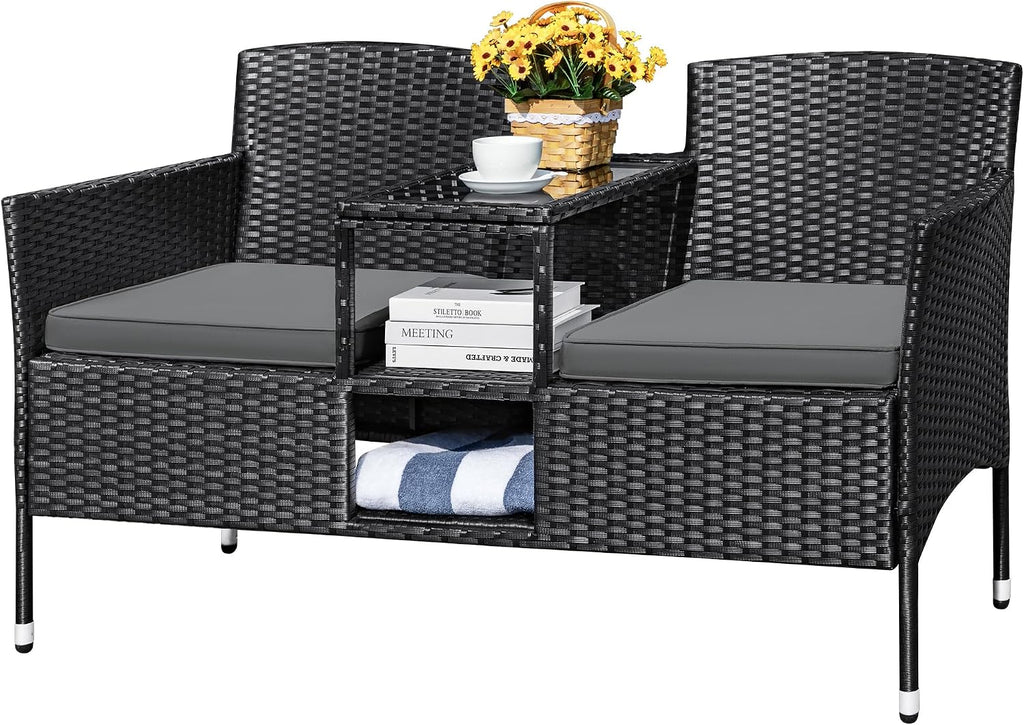 Devoko Outdoor Patio Loveseat Modern Rattan 2-Seat Patio Conversation Set with Cushions & Built-in Coffee Table Porch Furniture for Garden Lawn Backyard (Grey)