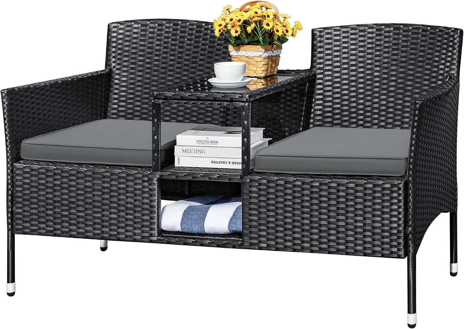 Devoko Outdoor Patio Loveseat Modern Rattan 2-Seat Patio Conversation Set with Cushions & Built-in Coffee Table Porch Furniture for Garden Lawn Backyard (Grey)