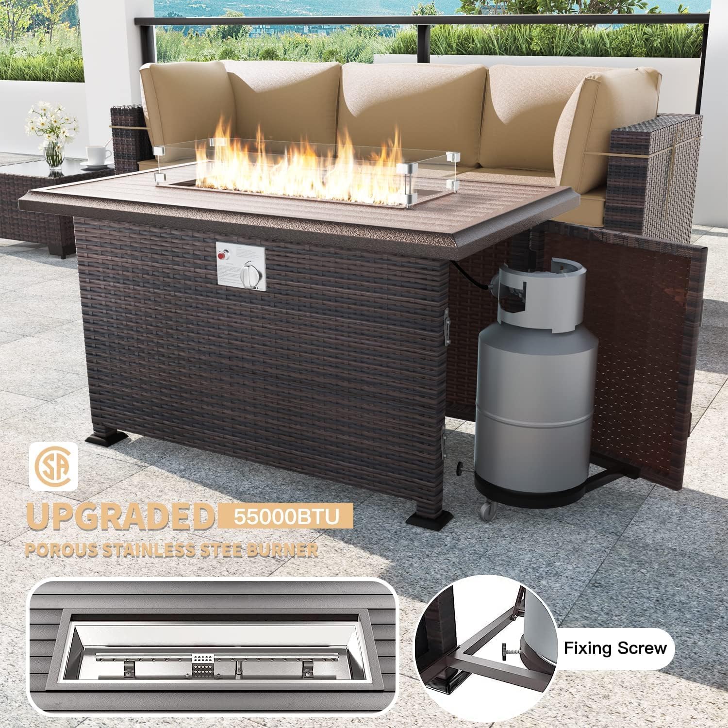 Kullavik 8 Pieces Outdoor Patio Furniture Set,Sectional Sofa Set with 43' 55000 BTU Gas Propane Fire Pit Table,Brown PE Rattan Wicker Patio Conversation Set,Sand