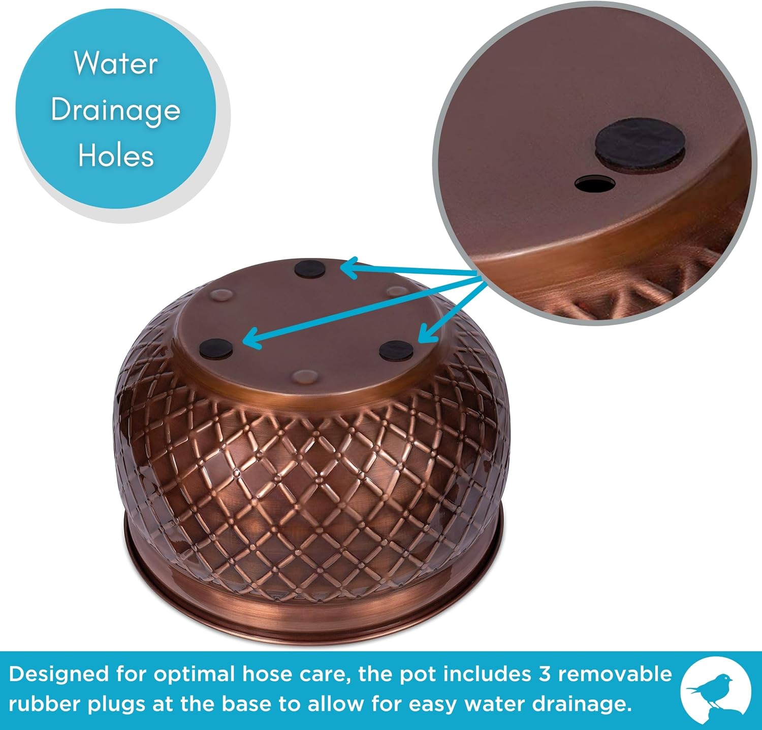 BIRDROCK HOME Water Hose Holder - Decorative Metal Pot, Indoor or Outdoor, Garden Storage Organizer, Patio Portable Bucket - Embossed Steel w/Copper Accents, Holds up to 100ft Hoses