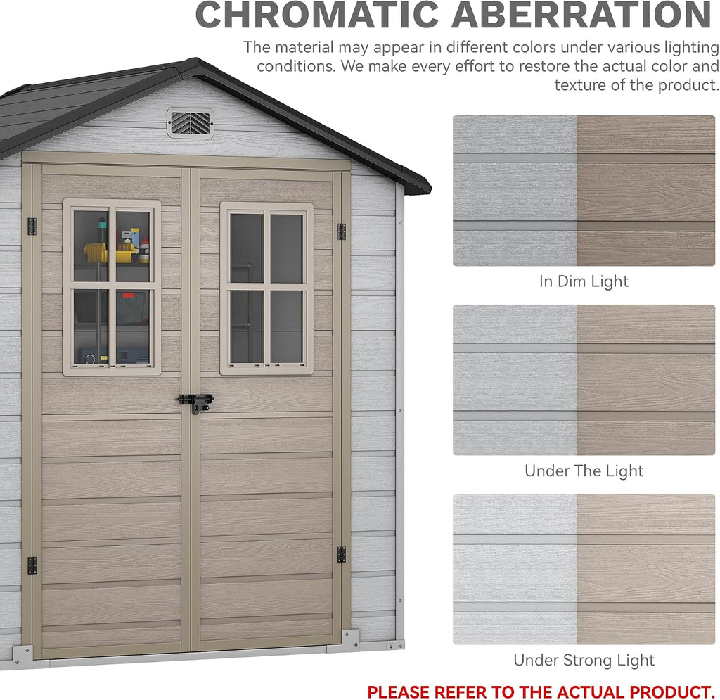 DWVO 6x4.4 FT Outdoor Storage Shed, Plastic Garden Tool Shed with 2 Windows, Double-Wall Outside Shed for Lawn Mower, Garden Tool for Backyard, Patio, Lawn, Lockable, Greige&Gray