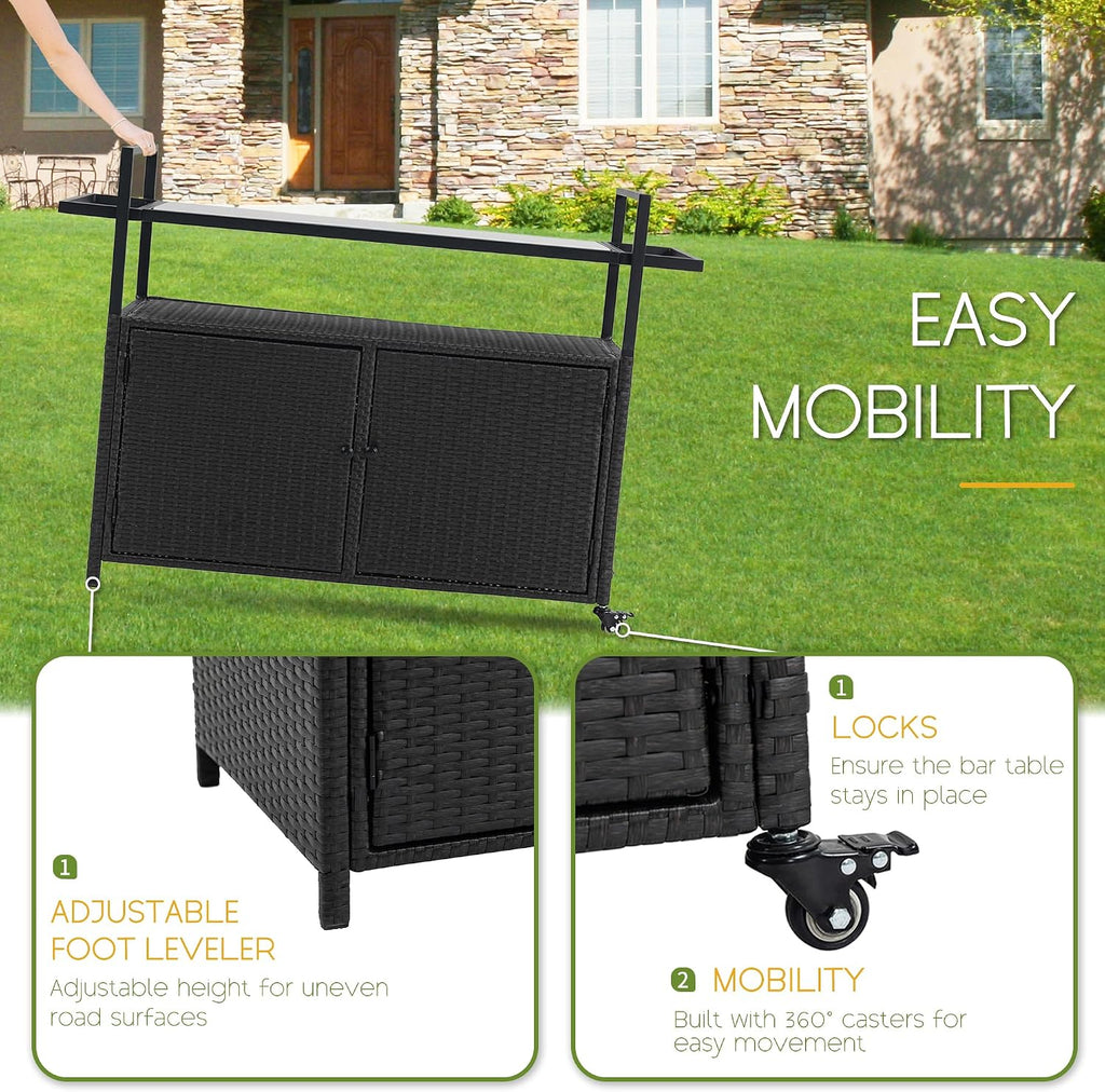 Wicker Outdoor Bar Cart - Black Patio Console Storage Table Buffet Cabinet Serving Kitchen Cart with Wheels for Outside Backyard