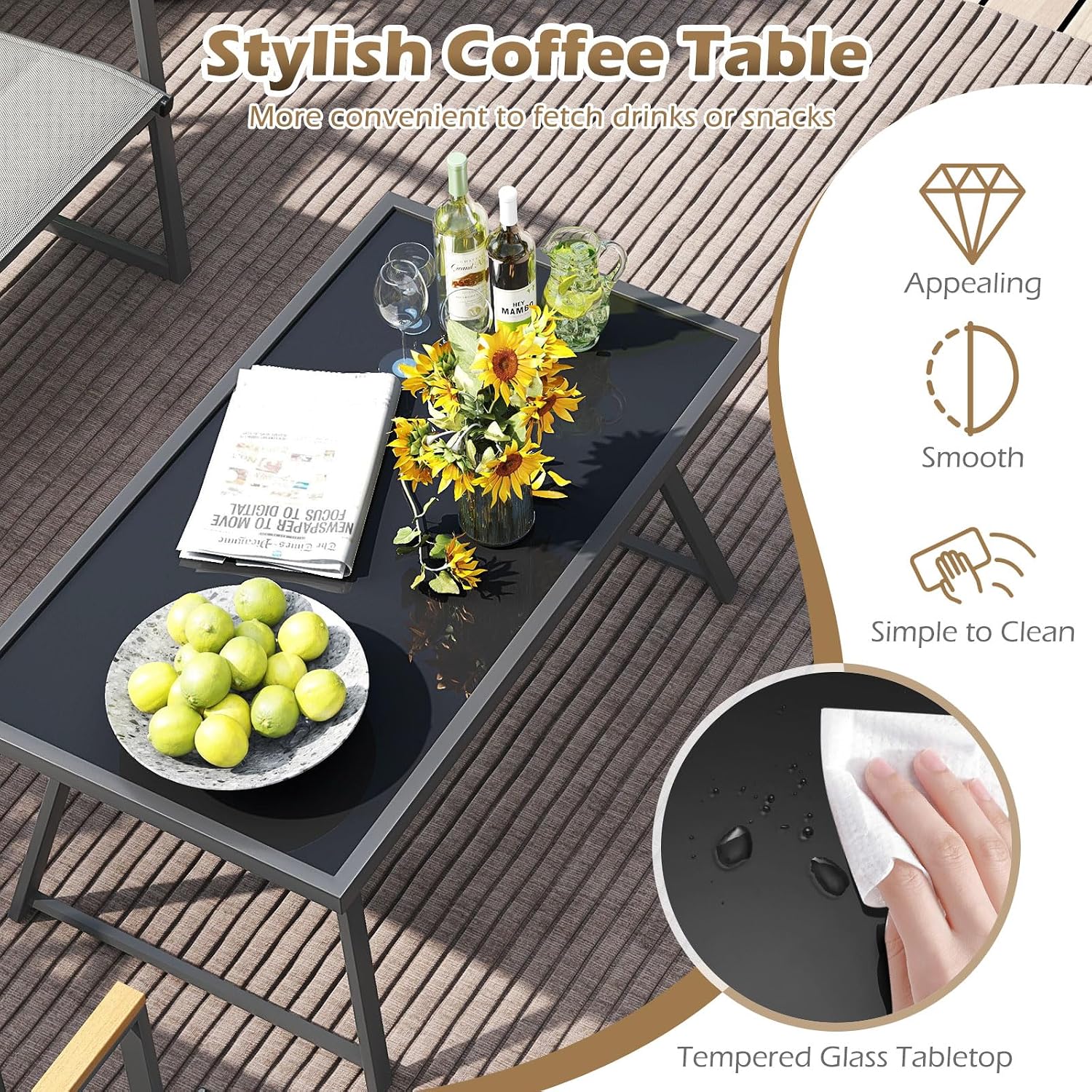 Tangkula 4 Piece Patio Furniture Set, Outdoor Metal Conversation Set with Padded Fabric Seat & Wood-Plastic Armrests, Sectional Sofa Set with Tempered Glass Coffee Table for Backyard, Porch (Gray)