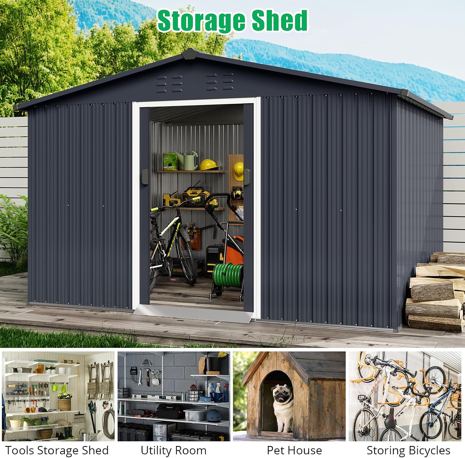 Garvee 10x12 ft Metal Storage Shed with Pitched Roof & Lockable Door, Outdoor Weatherproof Yard Tool Storage Shed for Organizing Bike, Lawn Mower, Tools and Equipment in Backyard, Yard, Lawn, Grey