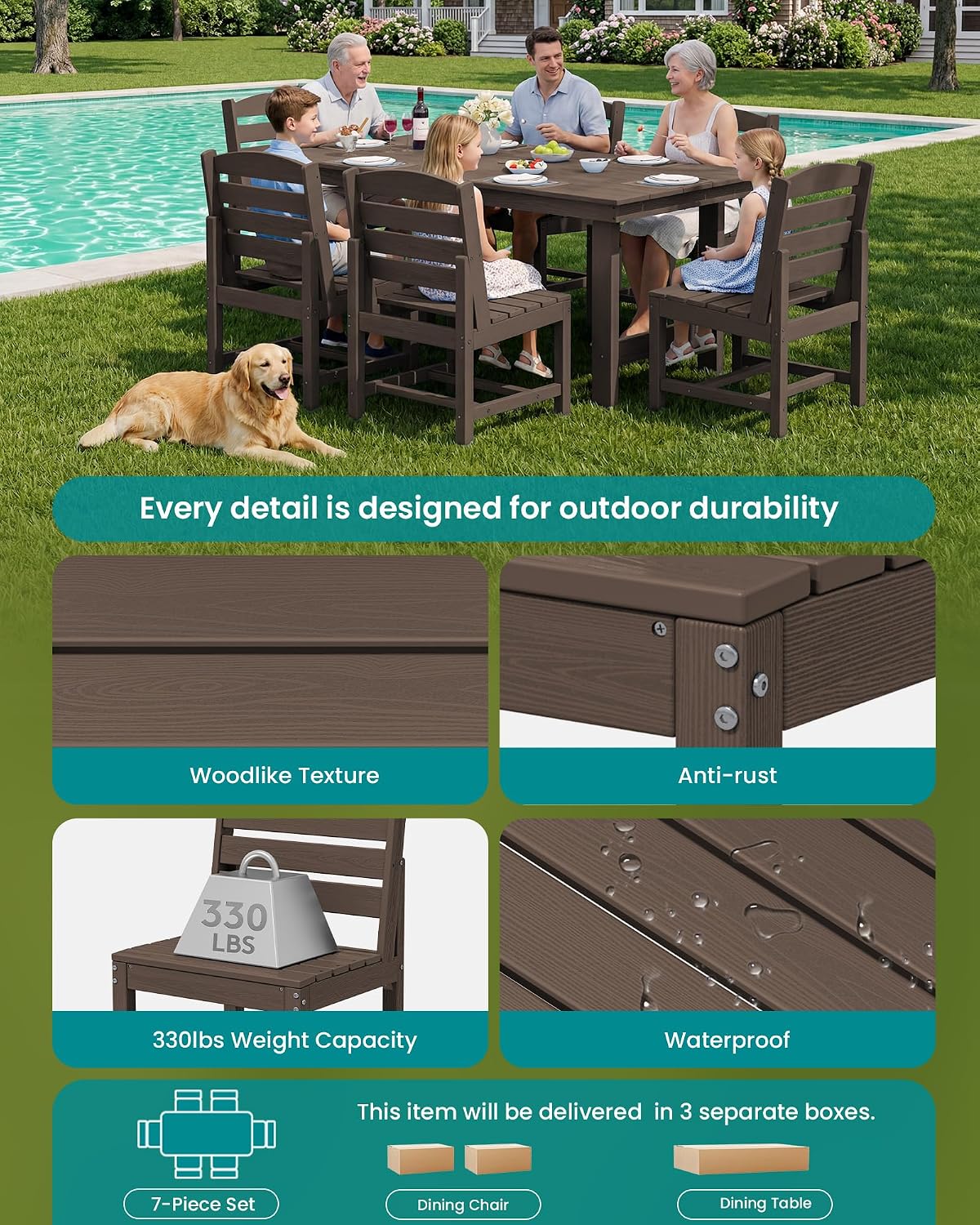 SERWALL Patio Dining Sets for 6 Person, HDPE Dining Set with 6 Armless Chairs, Coffee