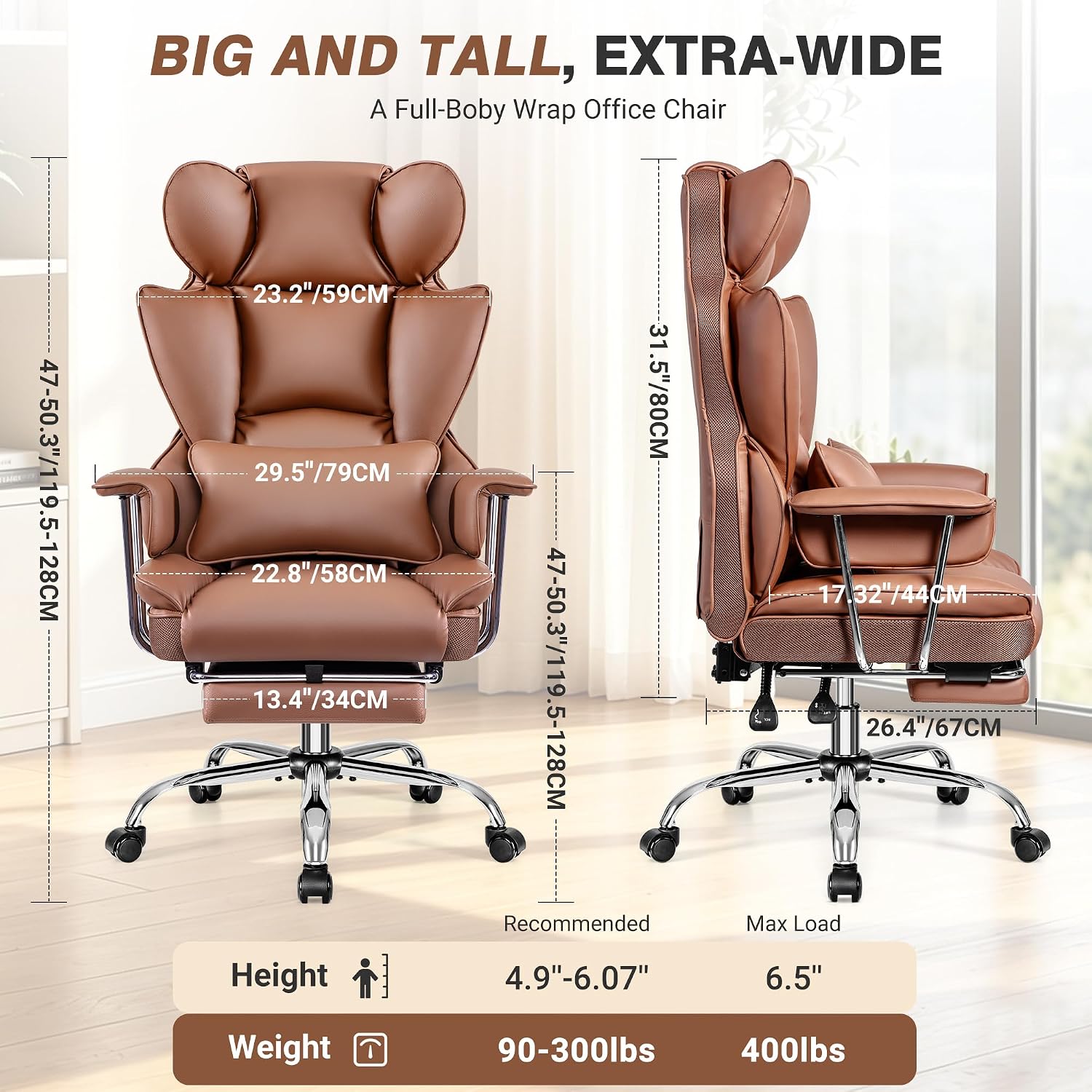 ALLGOD Office Chair Comfy, Big and Tall Executive Leather Chair, High Back Ergonomic Wide Chair with Footrest, Reclining Computer Desk Chair, Heavy Duty Gaming Chair with Padded Arm and Pillow, Brown