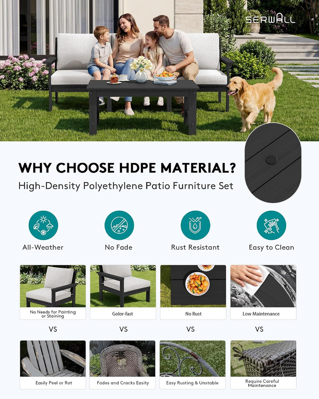 SERWALL HDPE Patio Sofa Set, 4-piece Sectional Outdoor Furniture Set, All Weather Outdoor Couch Set Patio Furniture Set for Deck, Lawn, Black Frame with Khaki Cushion