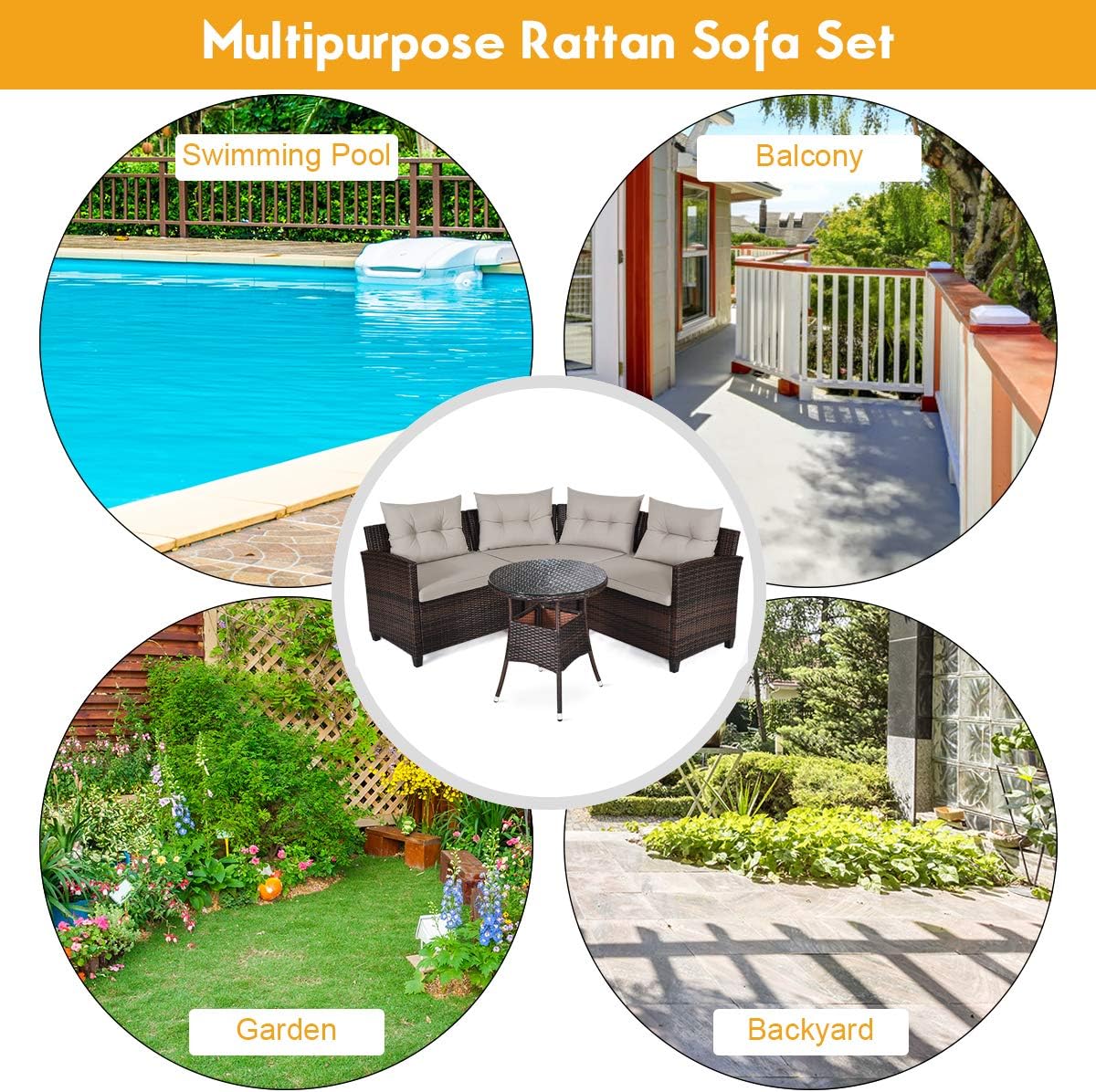 HAPPYGRILL 4 Pieces Rattan Patio Conversation Set, Outdoor Wicker Furniture Set with Cushioned Sofas and Coffee Table, L-Shape Sectional Curved Sofa Set for Garden Poolside Balcony