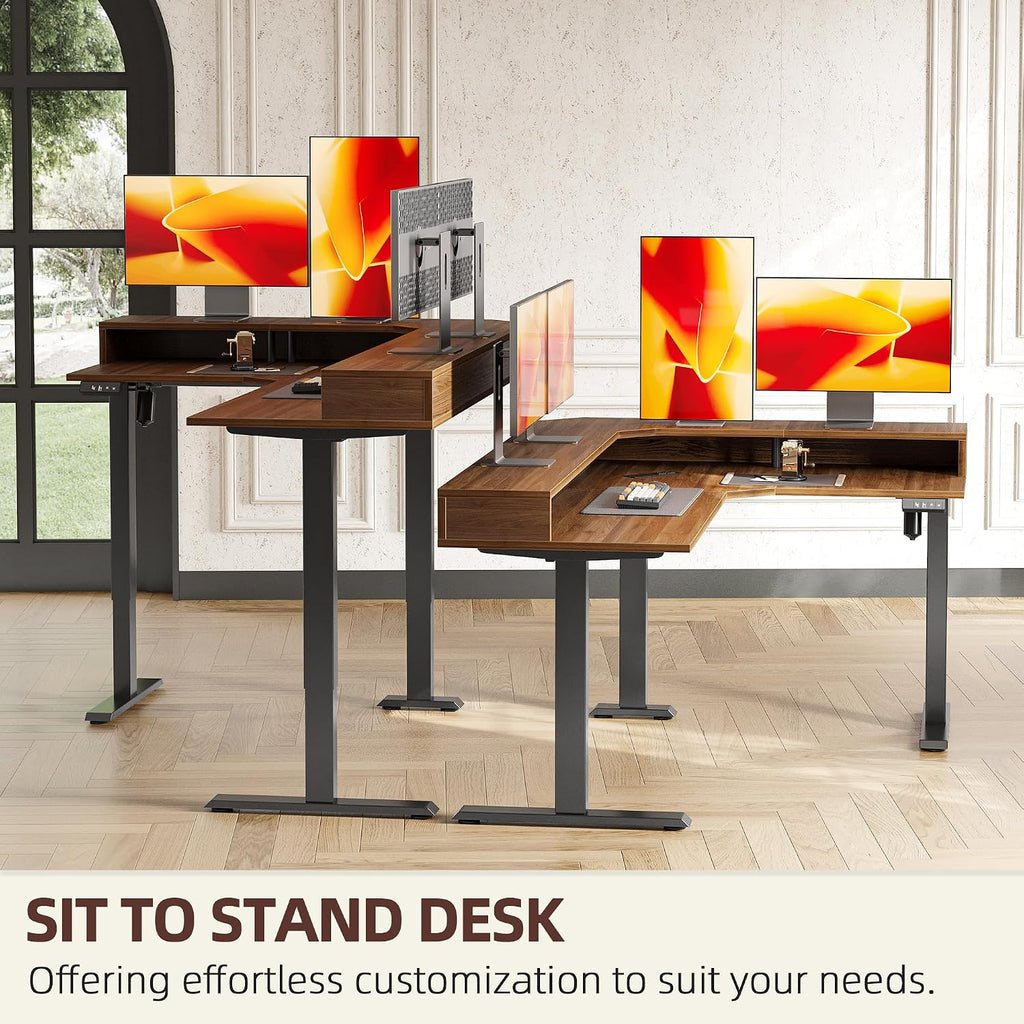 TIQLAB 63'' L-Shaped Standing Desk with LED Light Strip and Power Outlet, Height Adjustable Corner Table with Ergonomic Monitor Stand, Black Walnut
