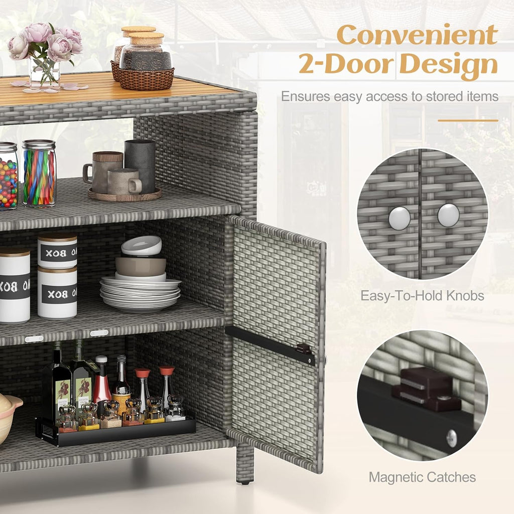 Tangkula Rattan Outdoor Storage Cabinet, Patiojoy Outdoor Cabinet with Acacia Wood Countertop, Open Compartment, 2-Door Wicker Sideboard, Outdoor Bar for Patio Garden Backyard Poolside (Mix Grey)