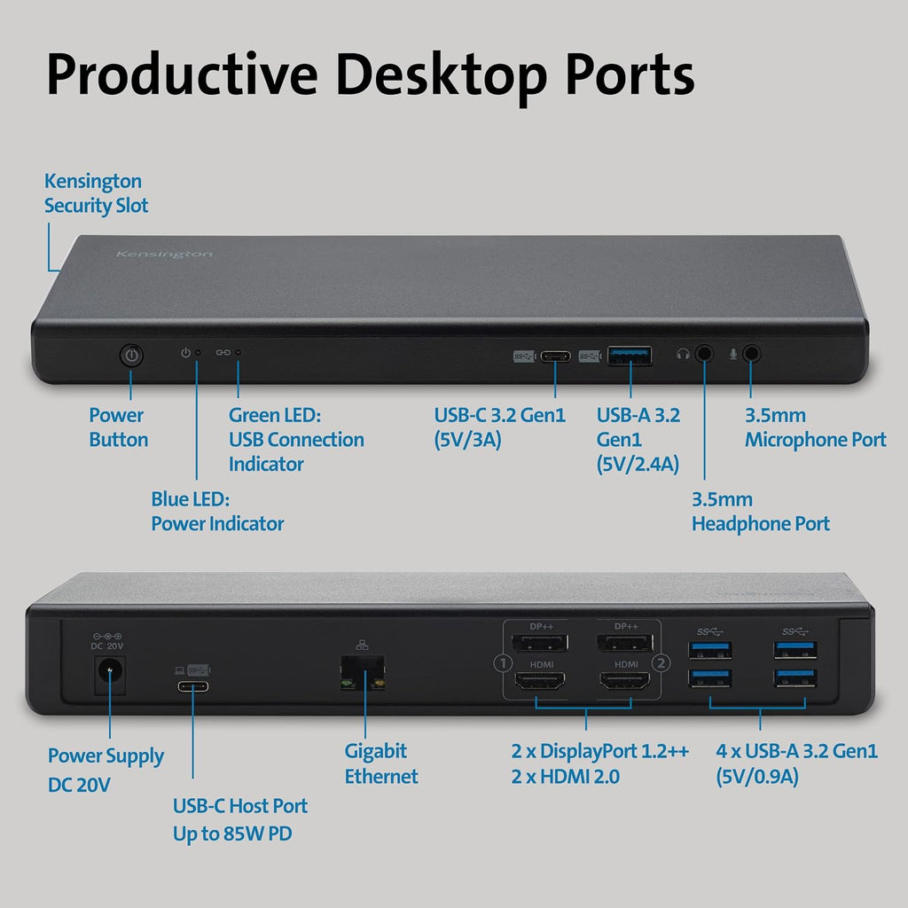 Kensington SD4750P USB-C Displaylink Docking Station for Windows, MacBook, Surface and Chromebooks – Dual 4K Video, 85W PD (K39105NA)