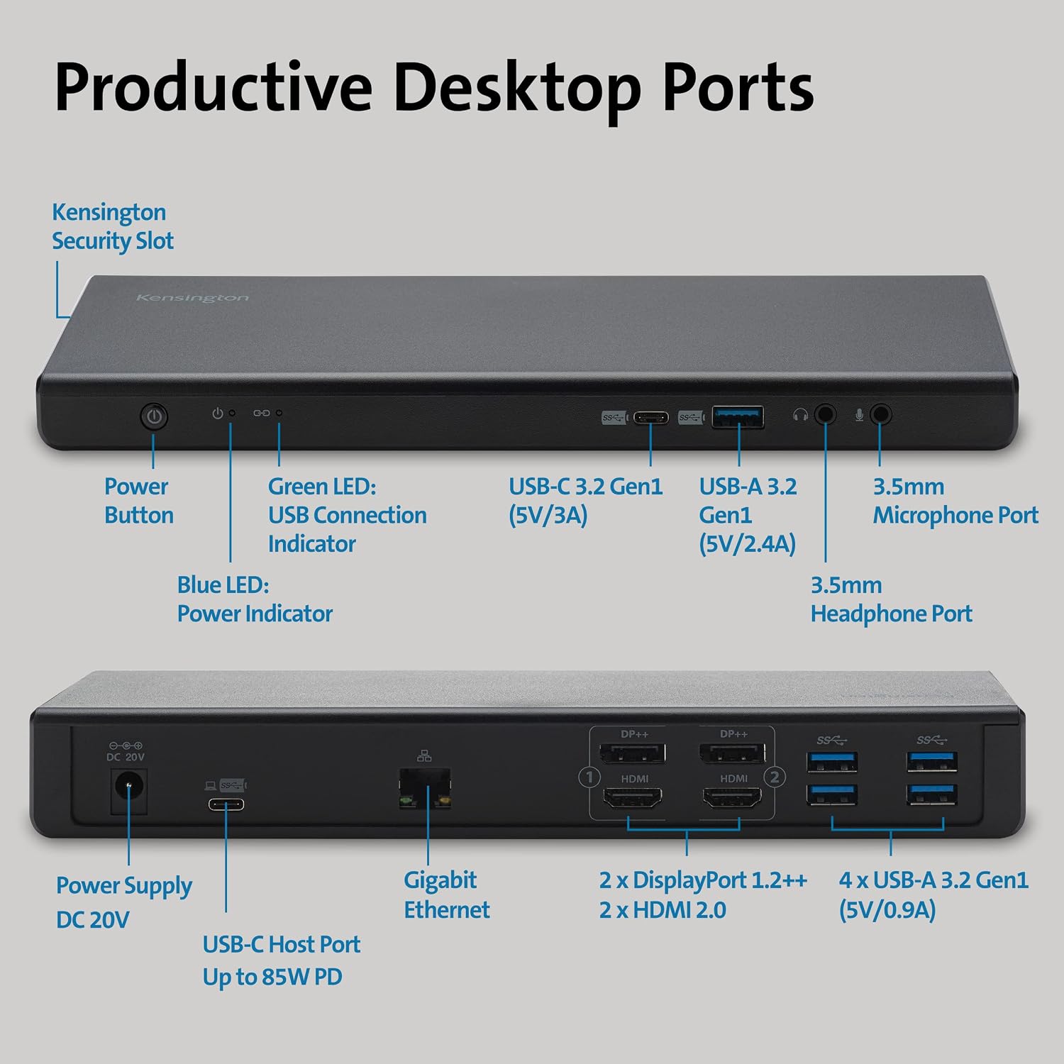 Kensington SD4750P USB-C Displaylink Docking Station for Windows, MacBook, Surface and Chromebooks – Dual 4K Video, 85W PD (K39105NA)