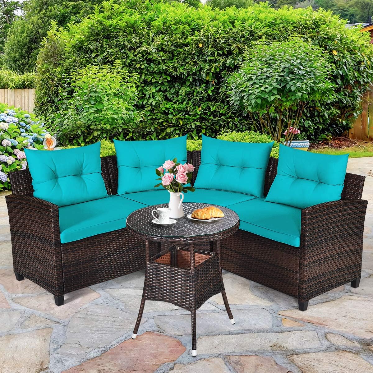 HAPPYGRILL 4 Pieces Patio Furniture Set Outdoor Rattan Wicker Conversation Set with Cushioned Sofas and Coffee Table, L-Shape Sectional Curved Sofa Set for Garden Poolside Balcony