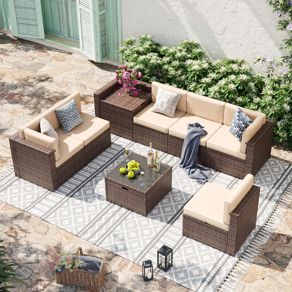Aoxun 8 Piece Patio Furniture Set, Wicker Outdoor Furniture Set with Storage Box, Patio Sectional Set with Thickened Cushions, Waterproof Cover and 25.6' Coffee Table (Brown& Khaki)