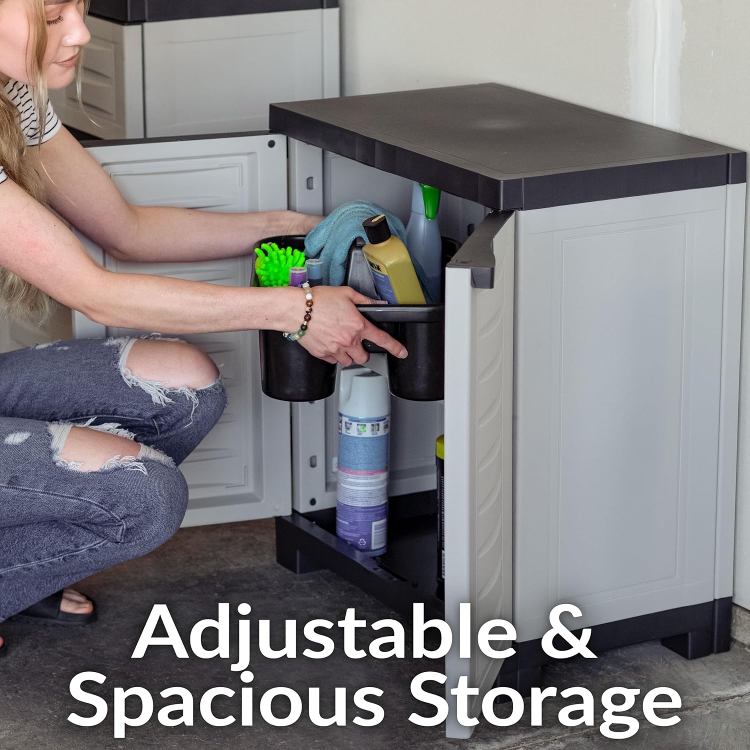 Sunnydaze 25.5' H Resin Garage Storage Cabinet - Garage Cabinet with Adjustable Shelf - Freestanding Utility Storage for Laundry Room, Office, Basement - Gray