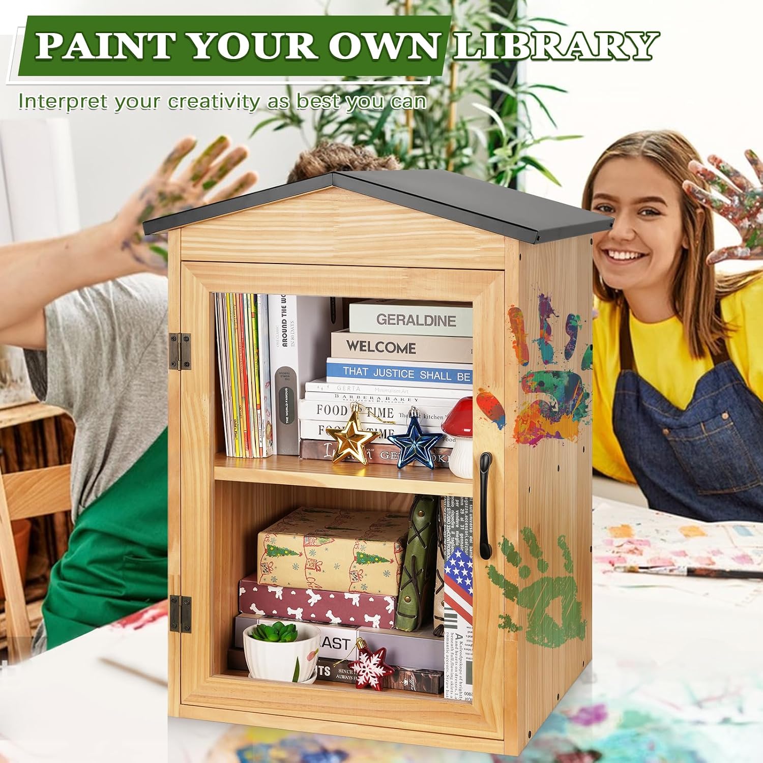Outdoor Library Outdoor Book Box Storage Wooden Cabinet Little Literature Box for Neighborhoods Community and Schools Sharing Books, Flyers, Newspapers, Food and Art(C)