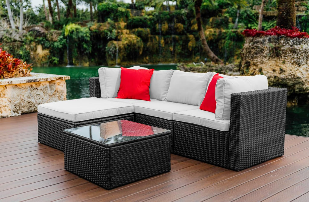 Nestl Outdoor Sectional Patio Furniture Set – 5 Piece Outdoor Patio Furniture Set with Outdoor Couch and Sectional Seating - Black with Off White Cushions, Standard