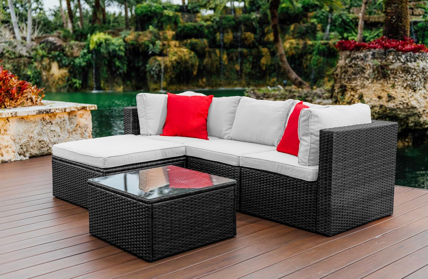 Nestl Outdoor Sectional Patio Furniture Set – 5 Piece Outdoor Patio Furniture Set with Outdoor Couch and Sectional Seating - Black with Off White Cushions, Standard
