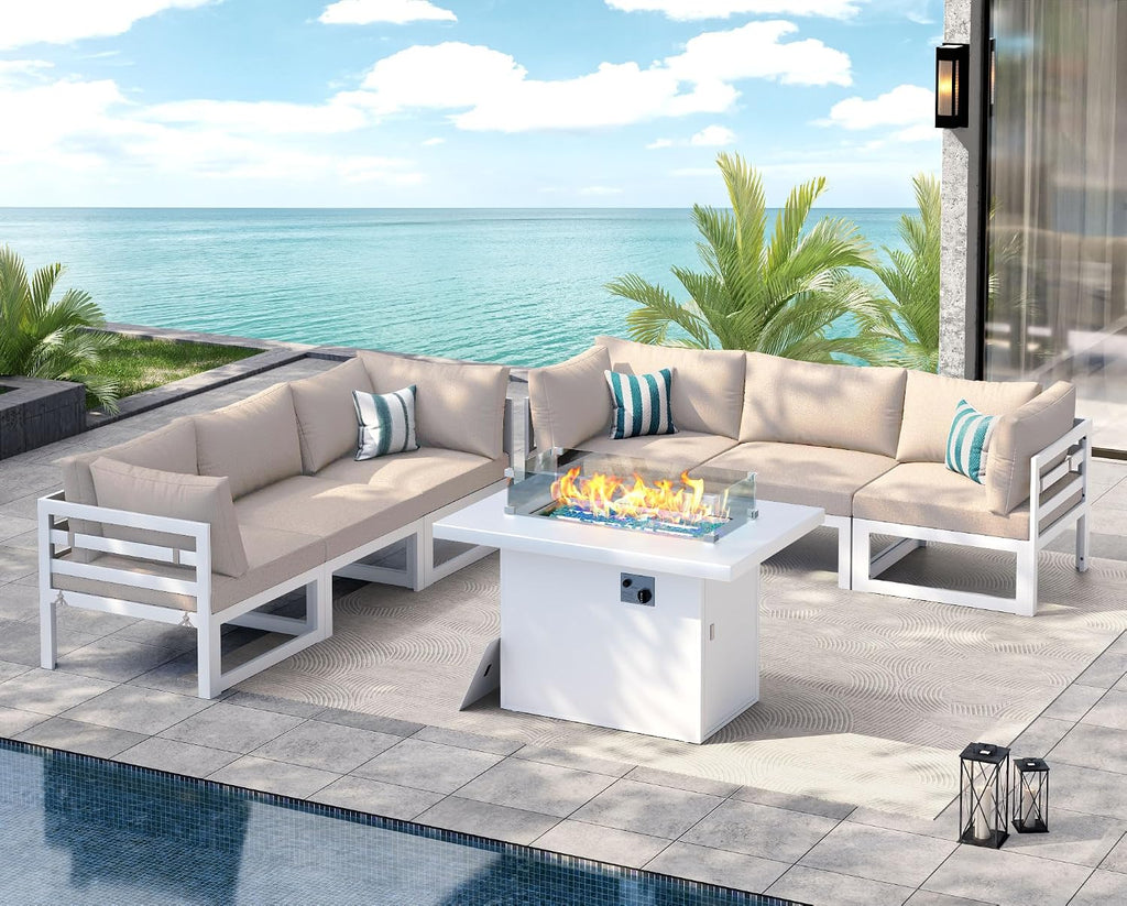 NICESOUL 7 Piece Extra Large Modern Aluminum Outdoor Sofa with Fire Pit Table, 29' Deep Wide Seating, 500 lbs Durable Sectional Set, All-Weather L Shaped Patio Furniture Set for Exterior Garden, Beige