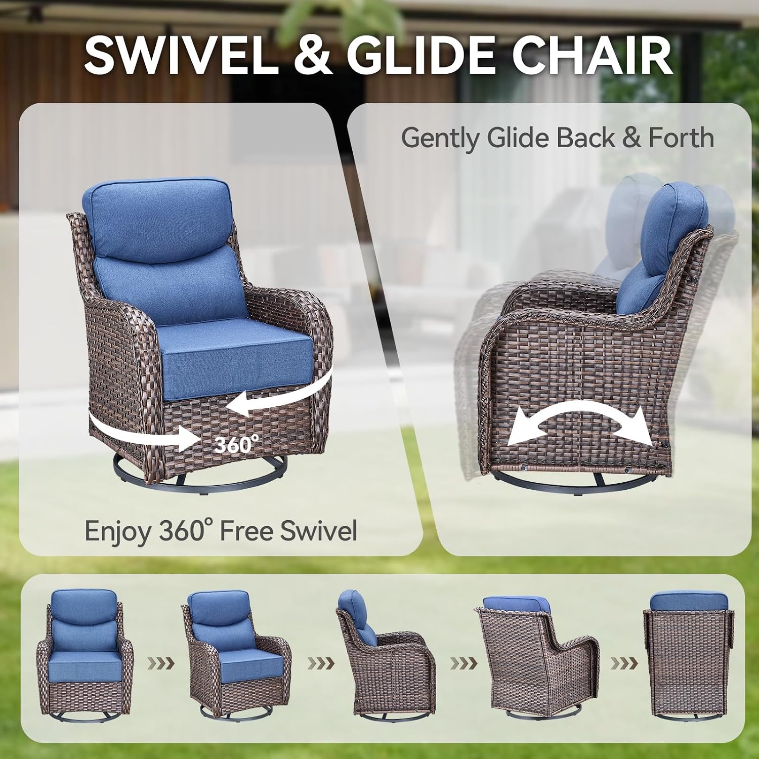 HUMMUH Outdoor Patio Wicker Swivel Rocker Chairs with 6-Inch Thick Cushion High Back 3 PCS Wicker Conversation Set for Porch Balcony Deck