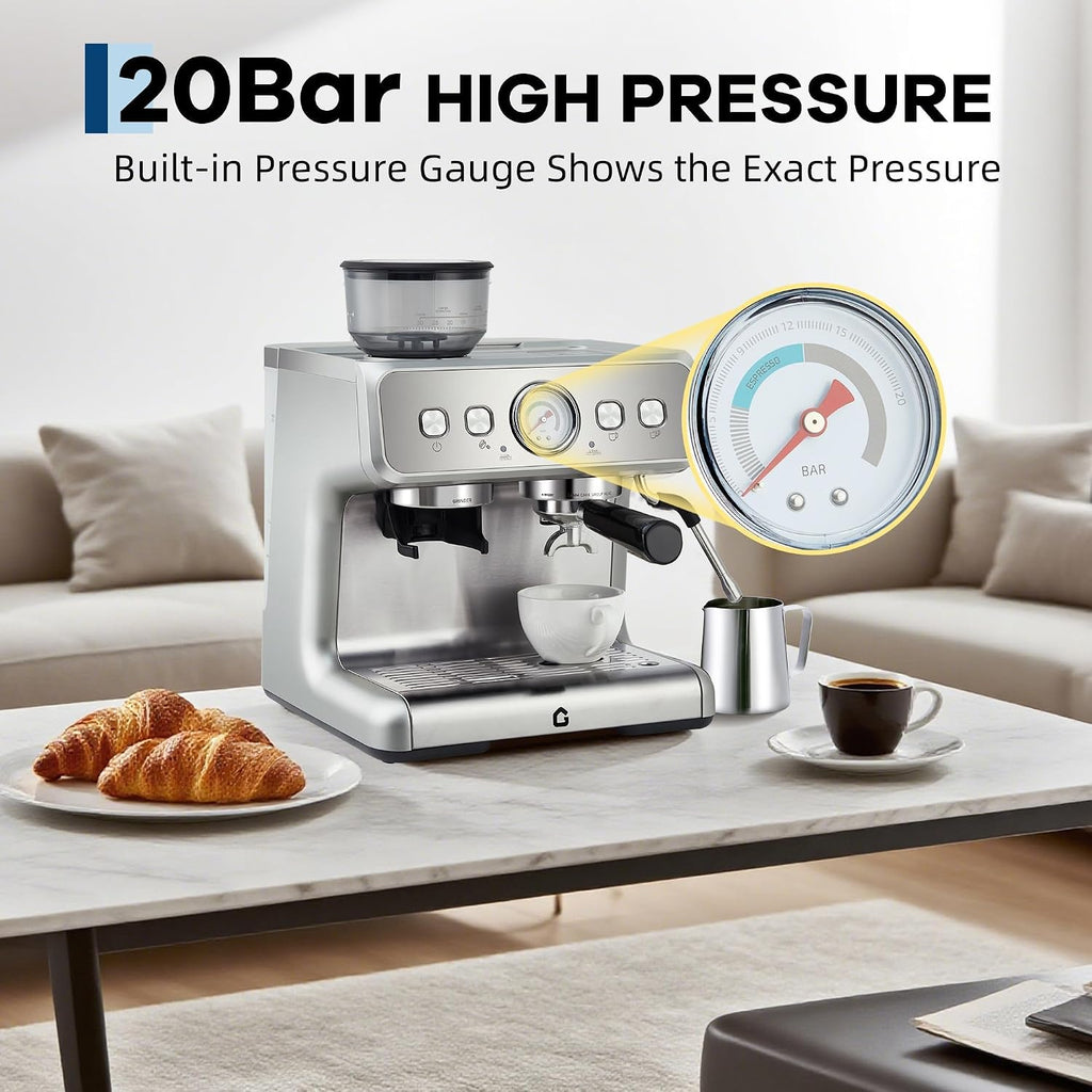 20-Bar Espresso Machine with Grinder – Stainless Steel Coffee Maker – 2.8L Removable Tank, 30 Grind Settings, Adjustable Shot Volume, Milk Frother Steam Wand for Home or Office