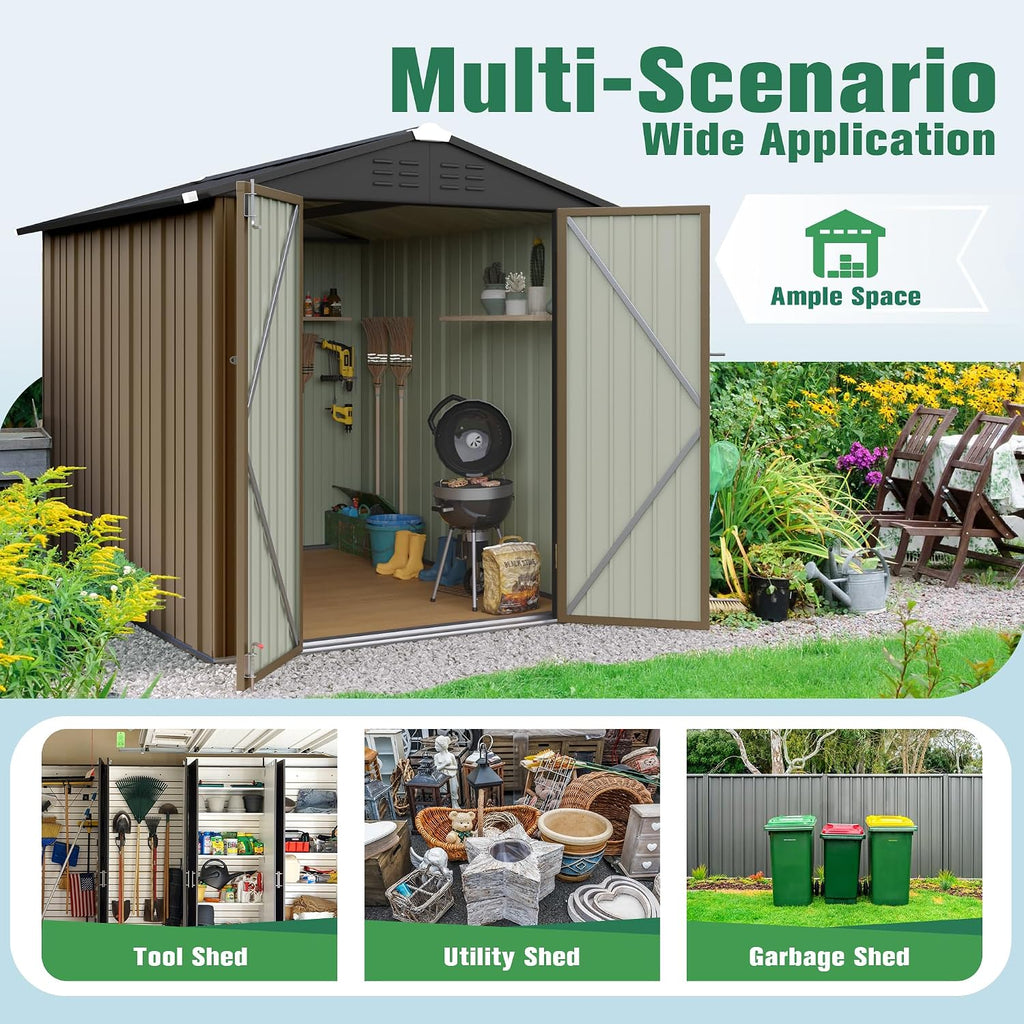 Flamaker 6x8 FT Storage Shed Waterproof Metal Garden Shed with Lockable Door Utility Tool Shed Outdoor Storage for Backyard, Patio and Lawn, Brown