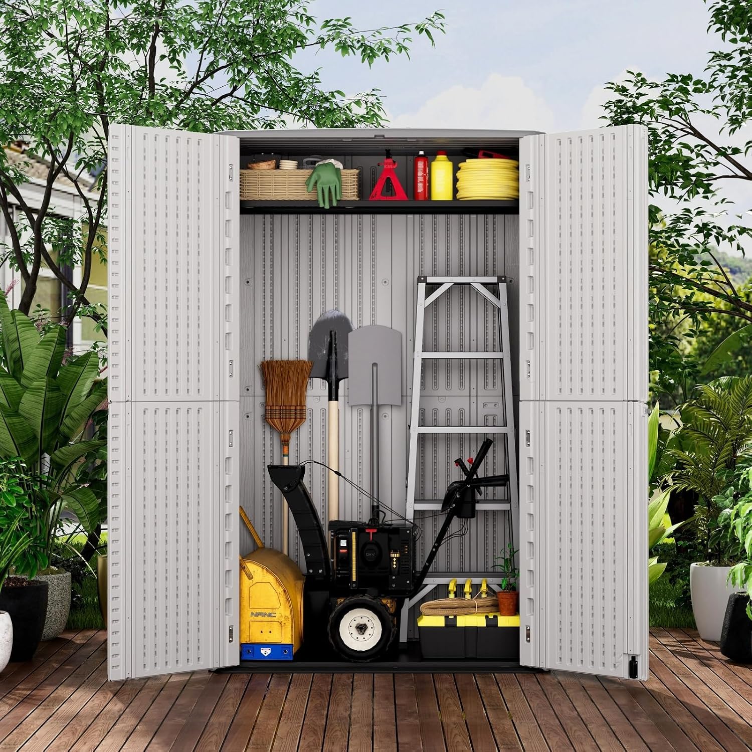 ZZM Large 67 Cu.ft Waterproof Storage Shed, Outdoor Storage Cabinet，Durable Resin Sheds for Patio Furniture, Garden Tools, Pool Accessories, Mower Storage (White)