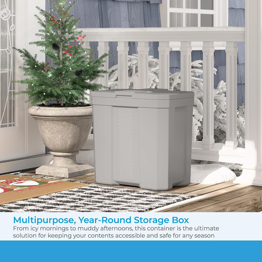 Suncast 28 Gallon Heavy Duty Storage Box, Durable, Multi-Purpose Container for Salt, Sand, Dirt, Ice Melt, and Outdoor Supplies, Made in the USA, Made in the USA