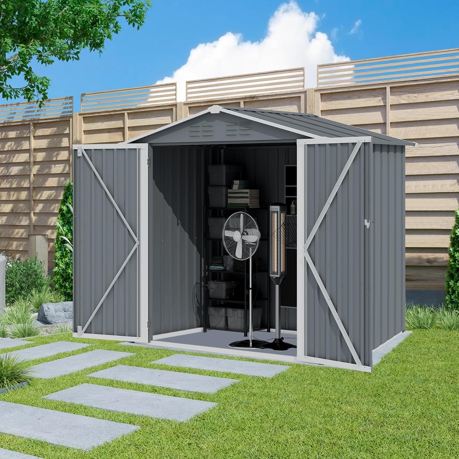 Ball & Cast 6x4 FT Outdoor Storage Shed,Heavy Duty Metal Shed with Window and Sloping Roof, Garden Tool Shed with Double Lockable Doors and Air Vents for Backyard Patio Lawn, Grey