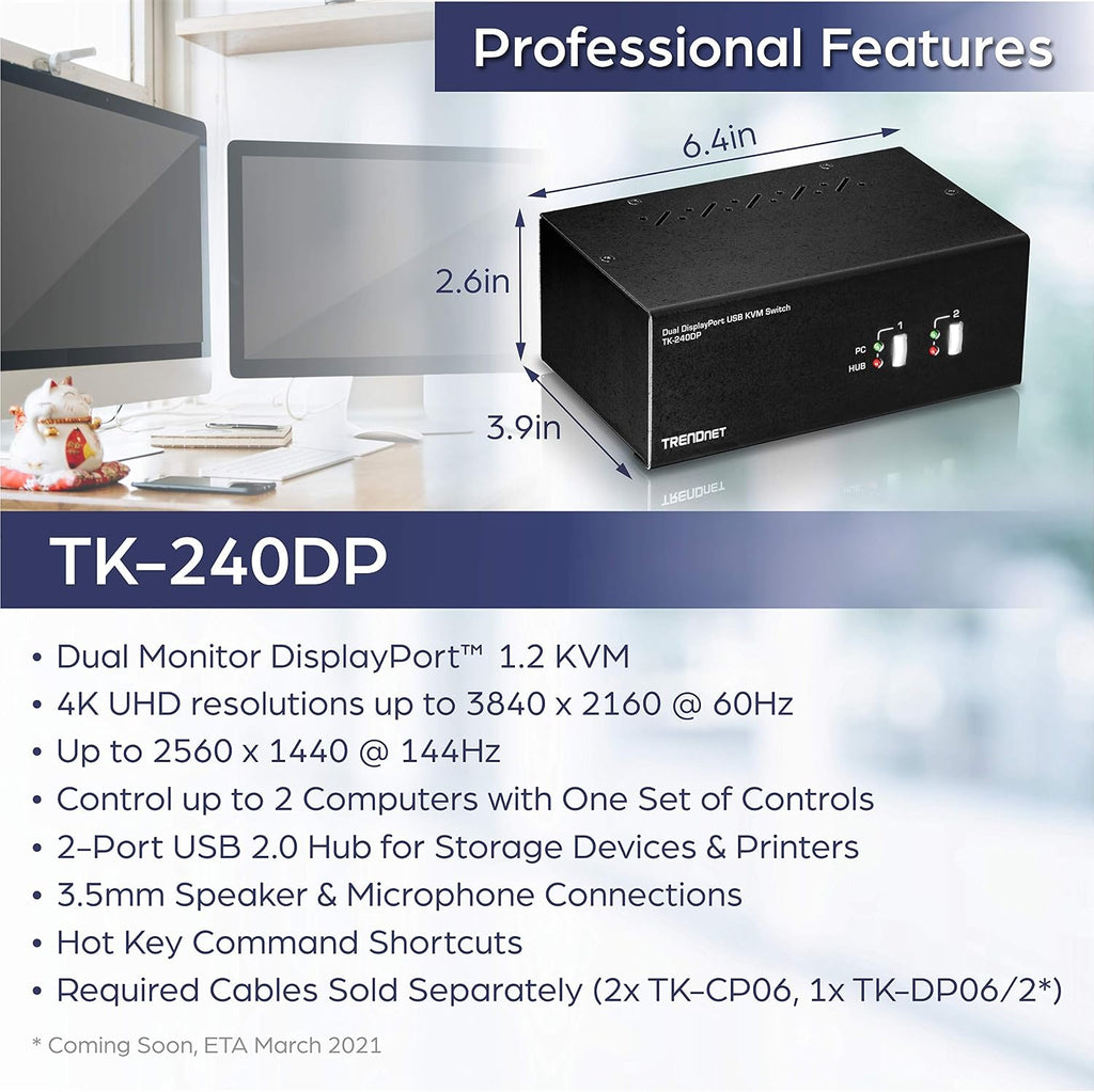 TRENDnet 2-Port Dual Monitor DisplayPort KVM Switch with Audio, 2-Port USB 2.0 Hub, 4K UHD Resolutions Up to 3840 X 2160, TK-240DP (Renewed)