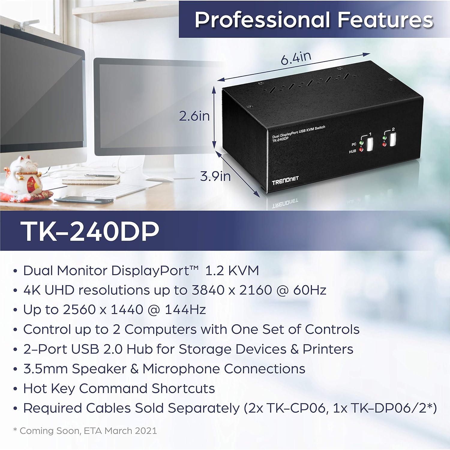TRENDnet 2-Port Dual Monitor DisplayPort KVM Switch with Audio, 2-Port USB 2.0 Hub, 4K UHD Resolutions Up to 3840 X 2160, TK-240DP (Renewed)